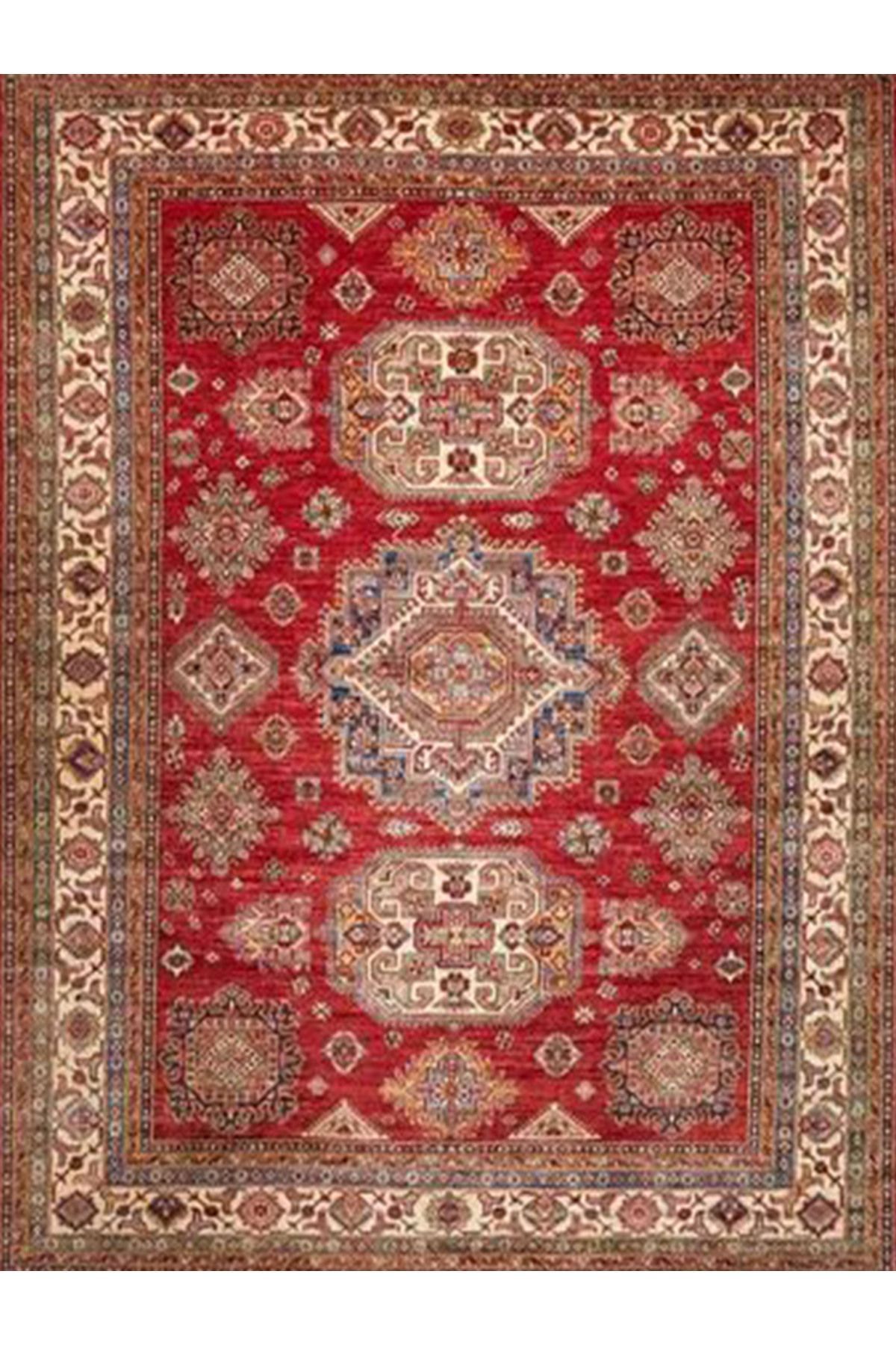 İnci Koleksiyonu Bej Bordür Detaylı Kırmızı Etnik Desenli Dokuma Taban Modern Dekoratif Halı inci45