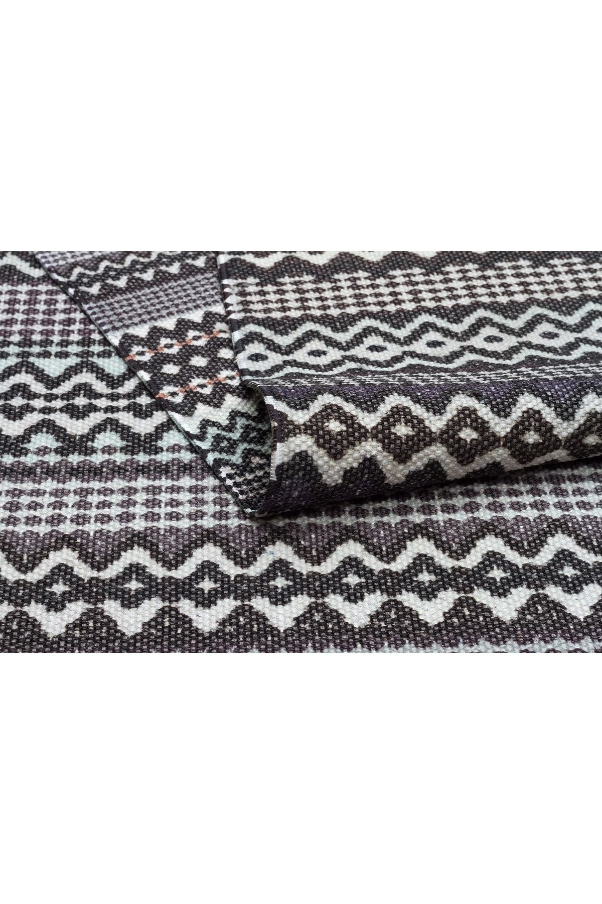 Cotton 3209 Alr Siyah Beyaz Etnik Saçaklı Kilim