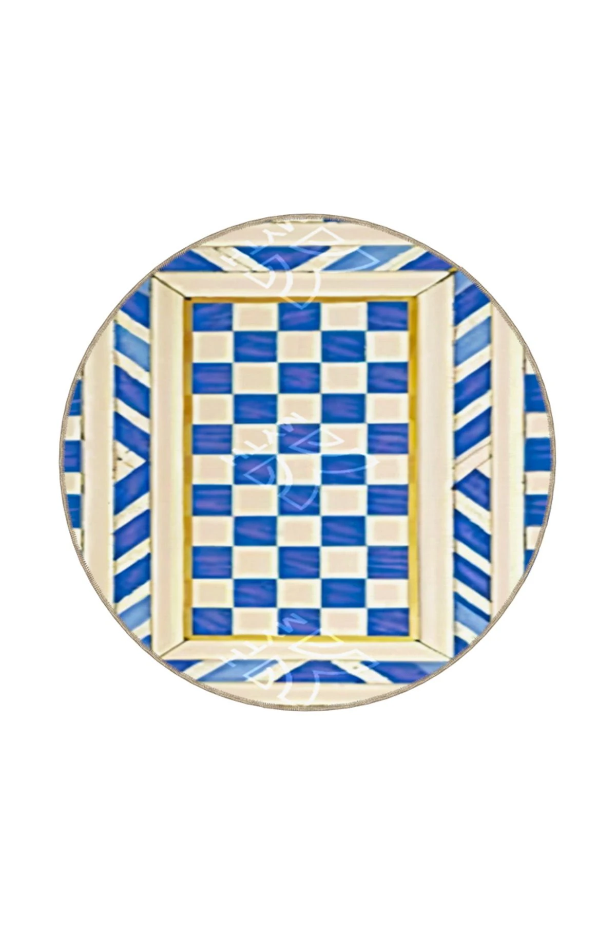 İçe Dönük Mavi Krem Geometrik Kareli Temalı Dokuma Taban ve Yıkanabilir Halı MYTH10