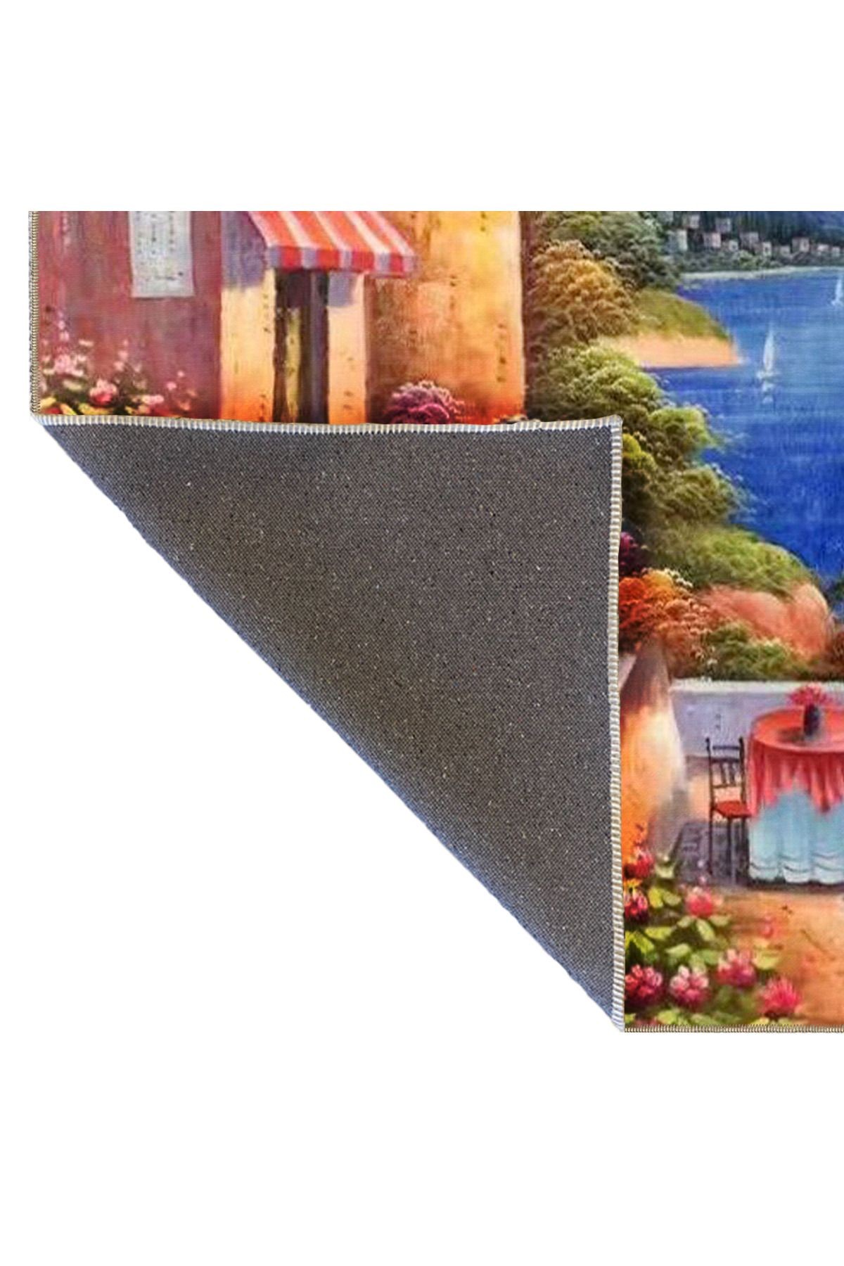 Goblen Tasarım Tatil Köyü Temalı Deniz ve Dağ Desenli Vintage Dekoratif Halı 5084