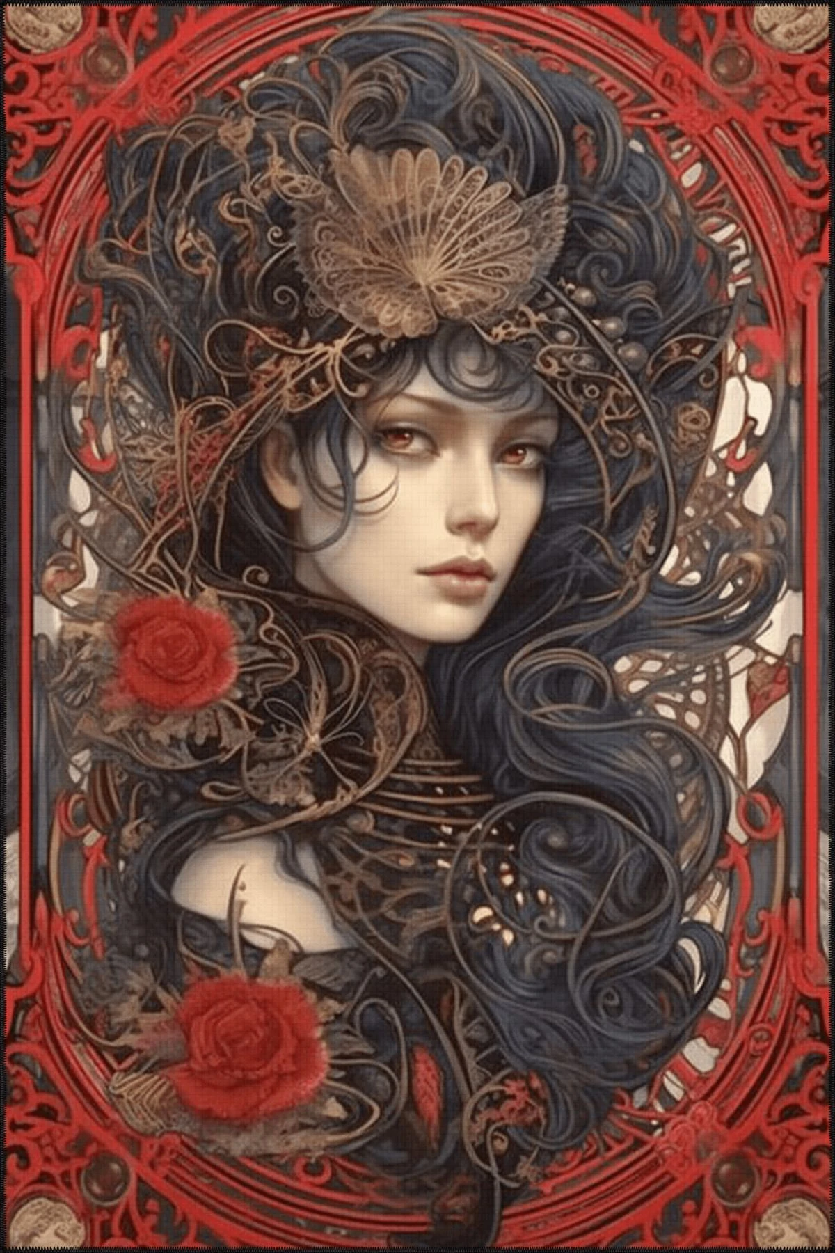 Kırmızı Siyah Temalı Sürrealist Tasarım Kadın Portre Desenli Modern Dekoratif Halı 3835