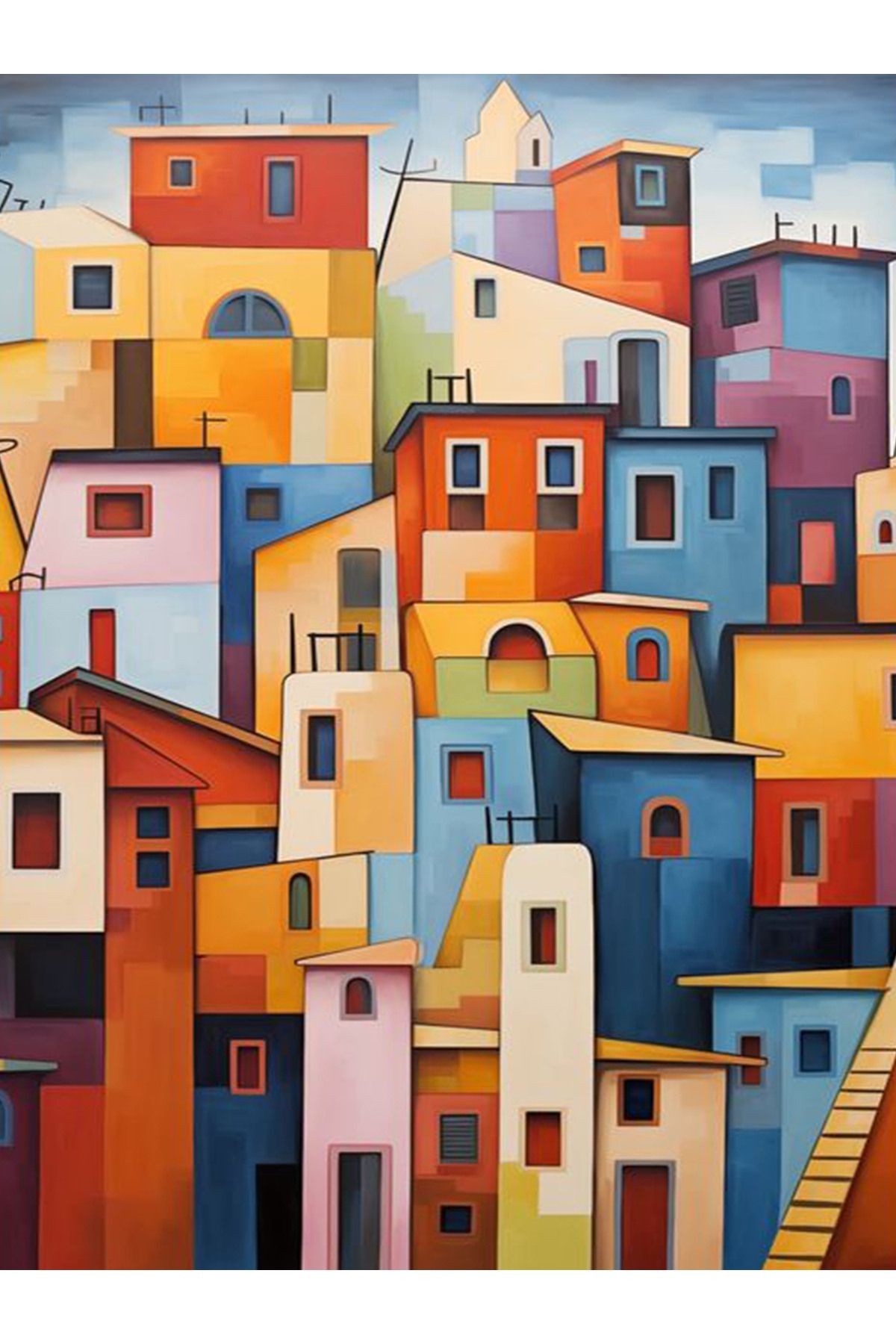 Kemal Koleksiyonu Çok Renkli Karma Evler Desenli Dokuma Taban Modern Dekoratif Halı 19