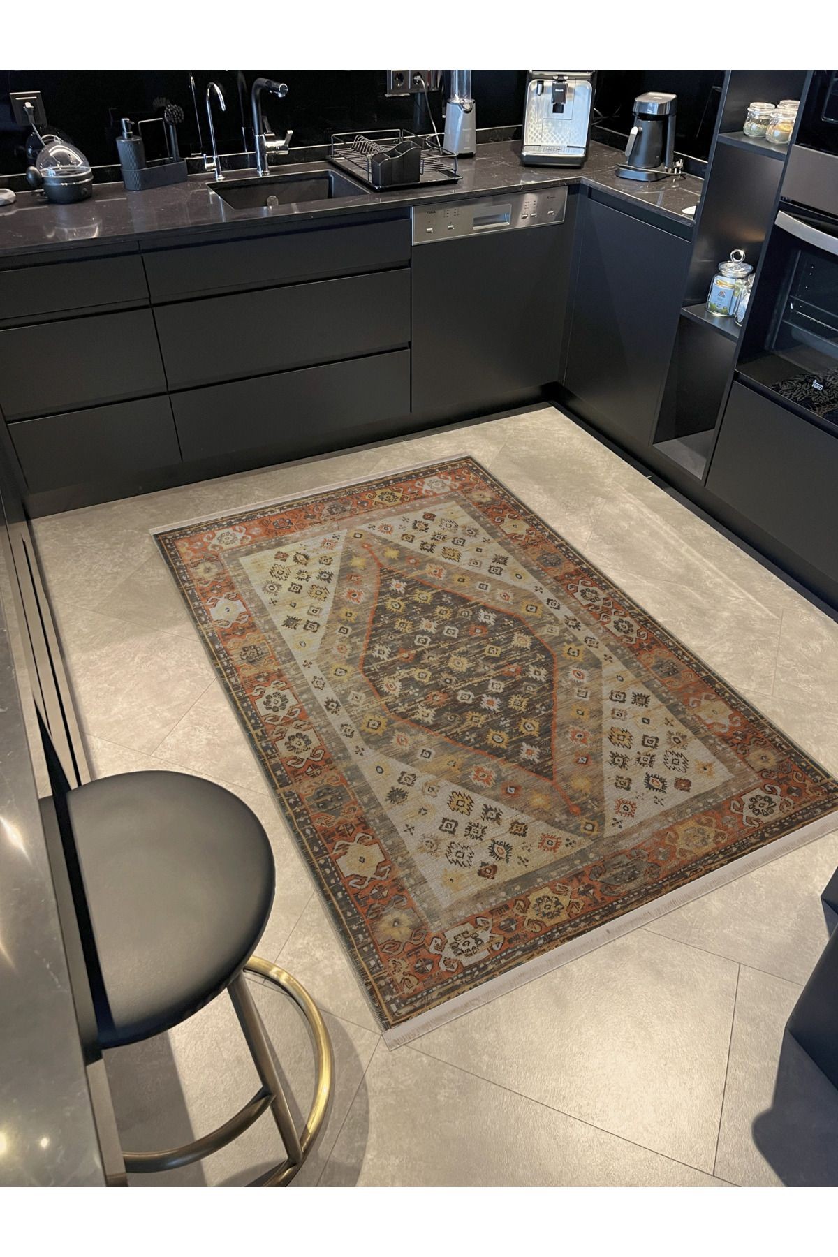 Bej Temalı Geleneksel Motif Desenli Kreatif Vintage Dekoratif Halı 2426
