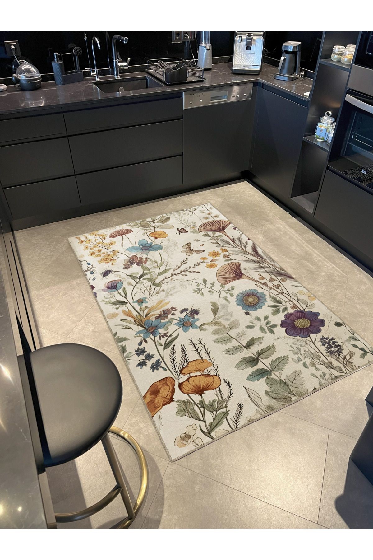 Doğa Temalı Çok Renkli Çiçek Yaprak Desenli Kreatif Modern Dekoratif Halı 2309