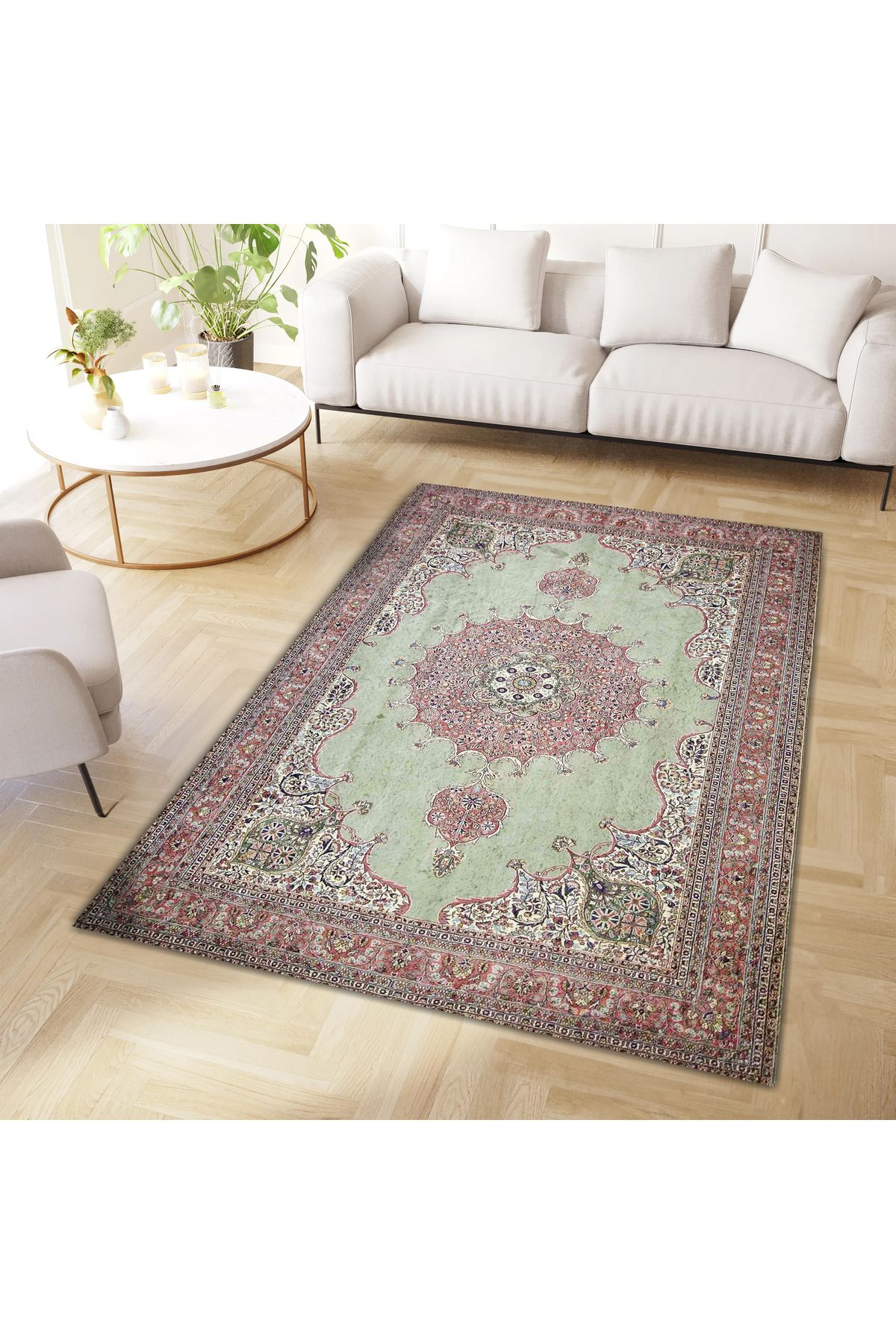 Mete Koleksiyonu Yeşil ve Pembe Tonlar Geleneksel Motif Desenli Vintage Dekoratif Halı 36