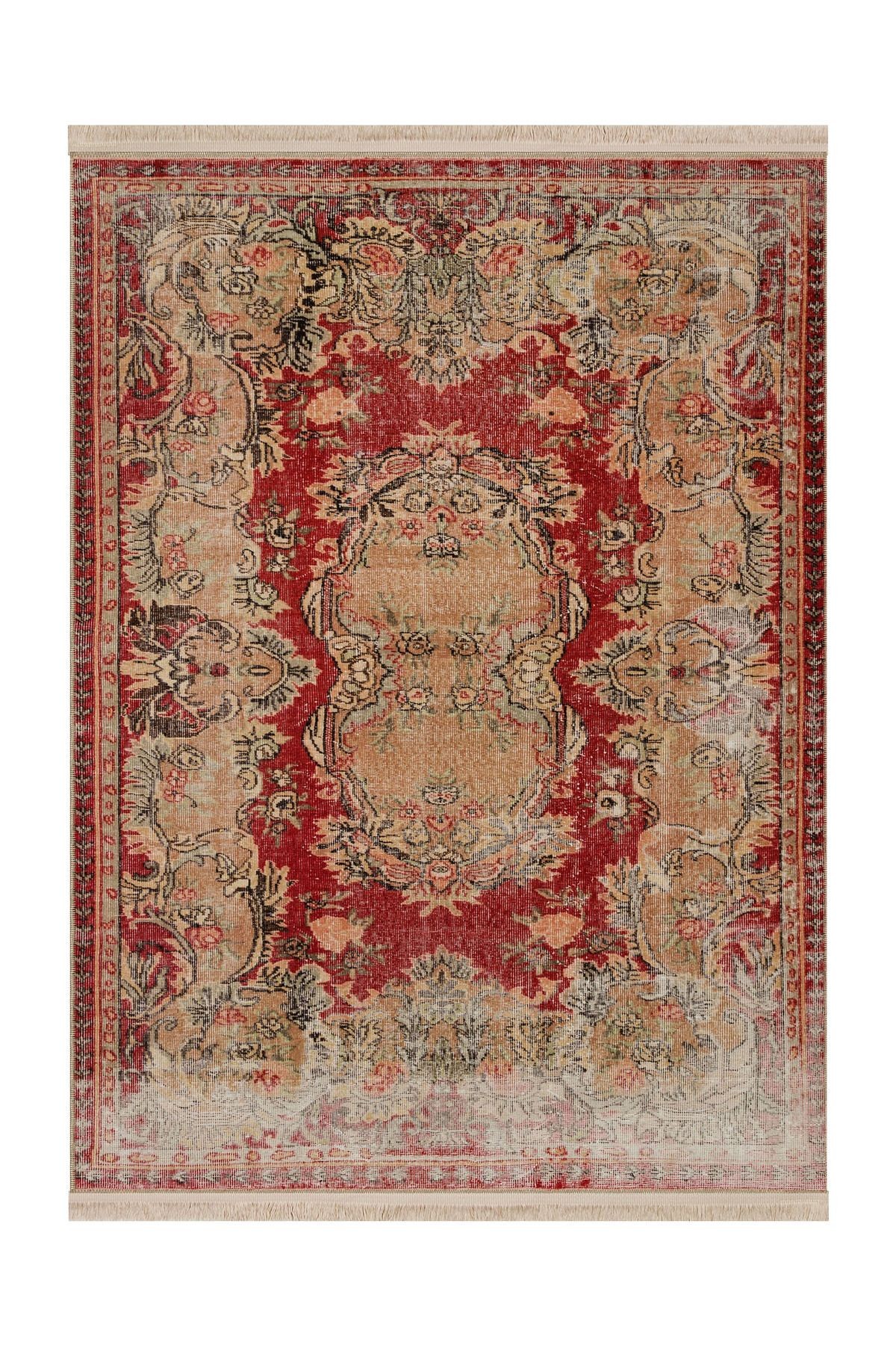 Memlük Koleksiyonu Kırmızı Bej Tema Etnik Motif Vintage Desenli Dokuma Taban Dekoratif Halı memlük15