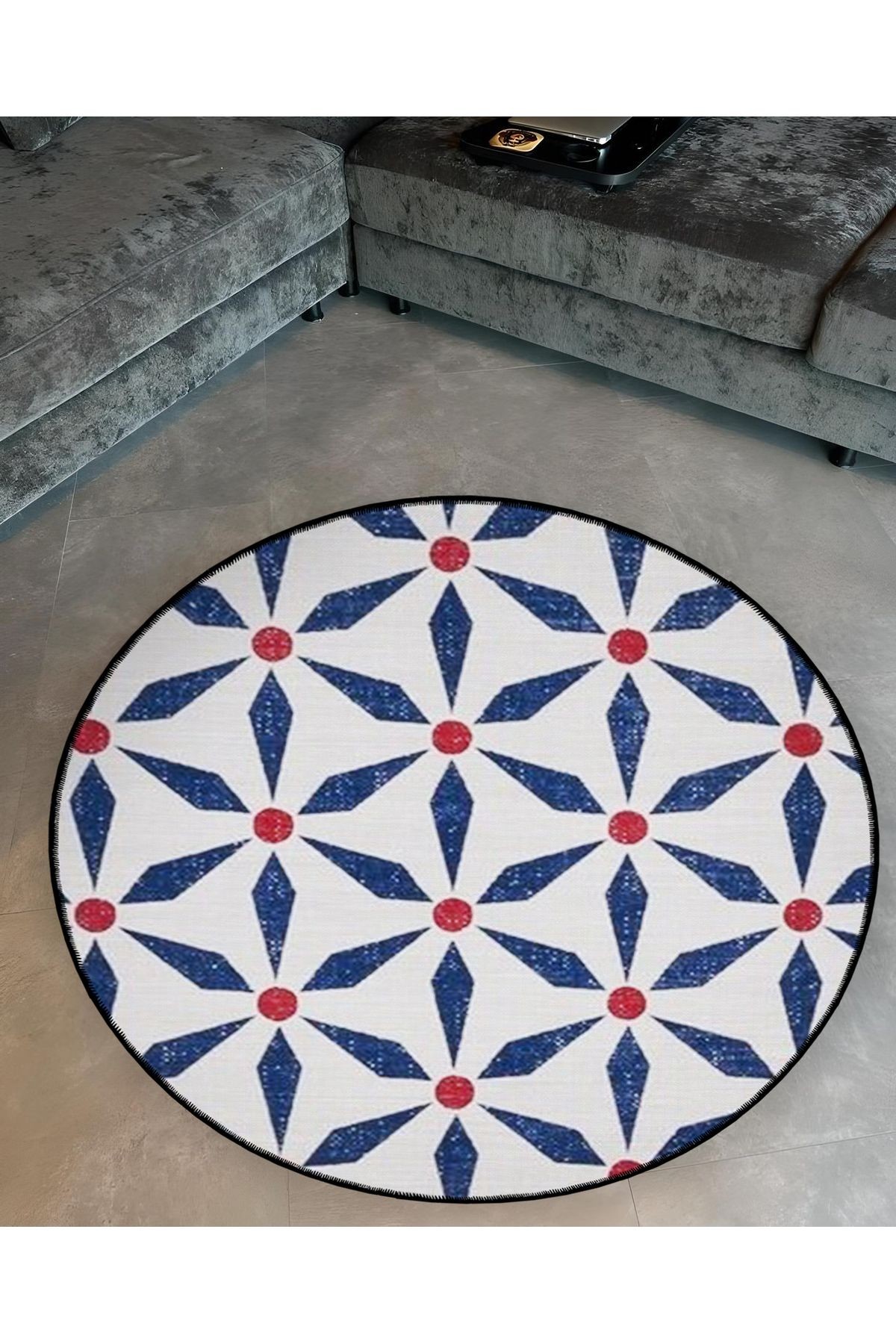 Beyaz Mavi Tema Geometrik Desenli Yuvarlak Dokuma Taban Modern Dekoratif Halı 6096