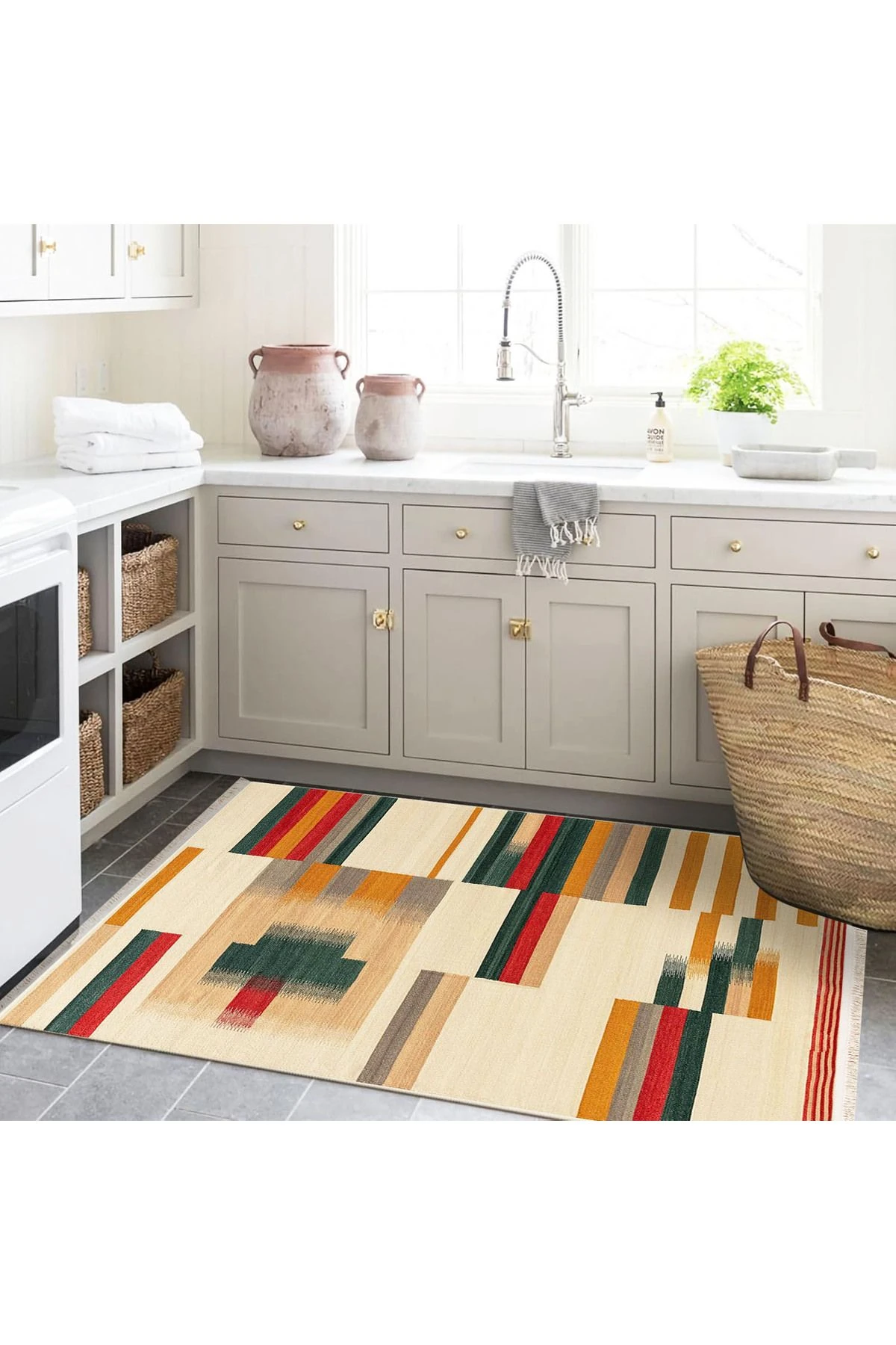 Melek Koleksiyonu Çok Renkli Çizgiler Desenli Dokuma Taban Modern Dekoratif Halı melek31