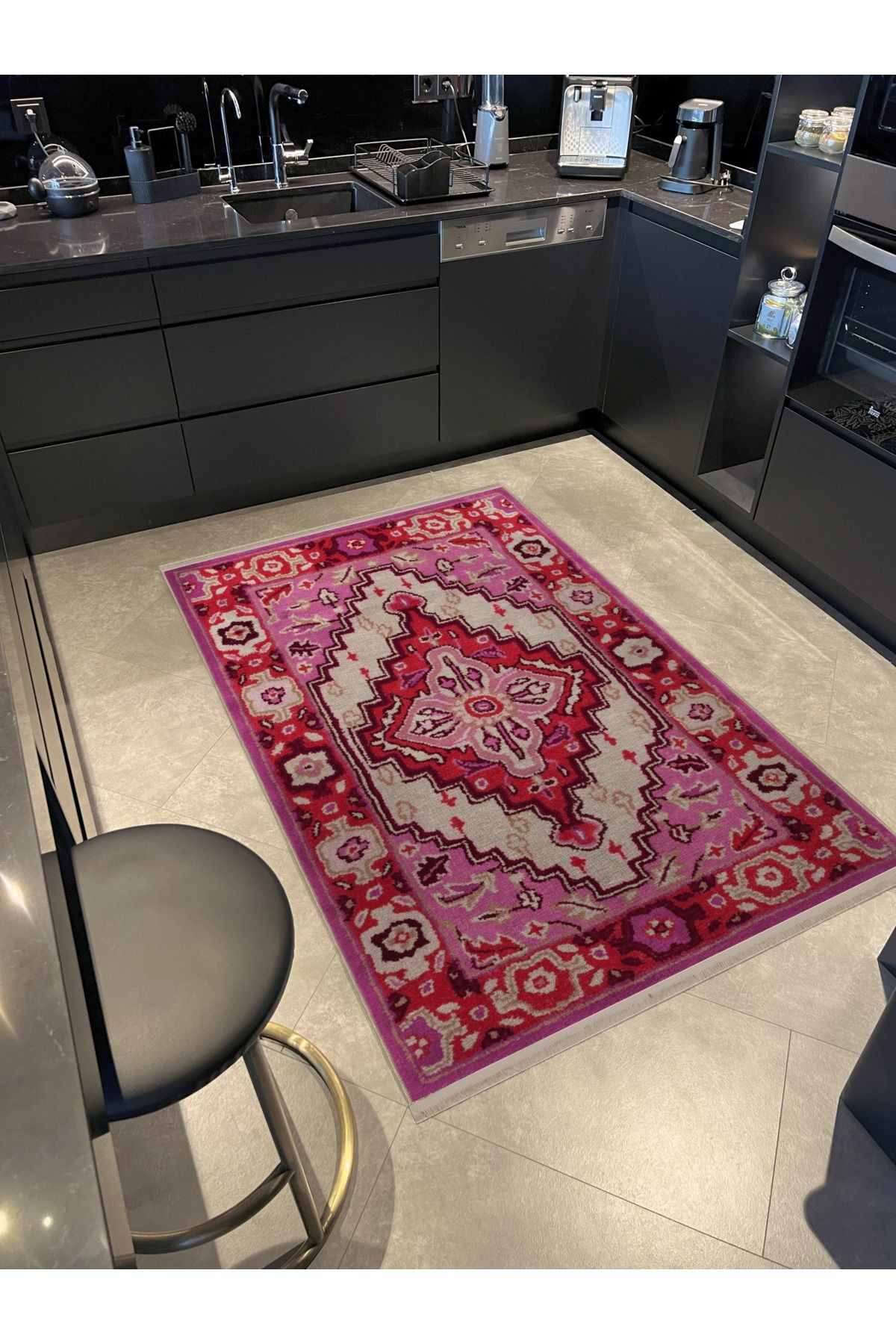 Pembe Temalı Geleneksel Motif Etnik Desenli Kreatif Vintage Dekoratif Halı 2763