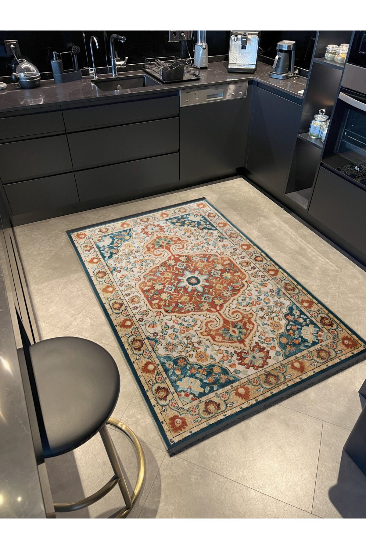 Mavi Turuncu Temalı Geleneksel Motif Etnik Desenli Kreatif Vintage Dekoratif Halı 2029