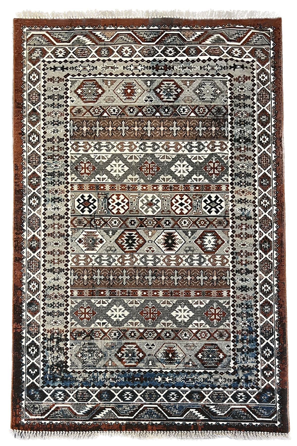 Cotton 559 Etnik Eskitme Desenli Dokuma Taban Çok Renkli Kilim