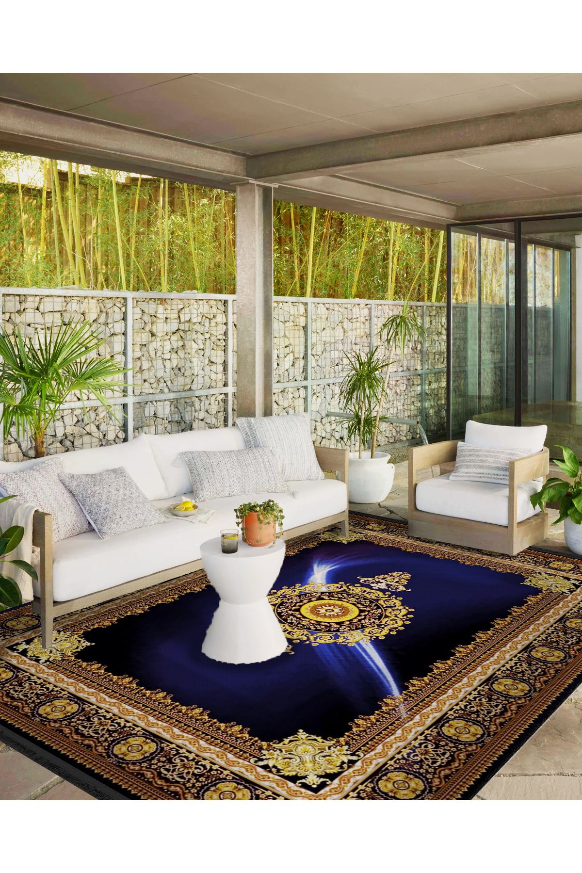 Sarı Bordür Detaylı Desenli Lacivert  Antik Tasarım Serisi Dekoratif Halı antik156