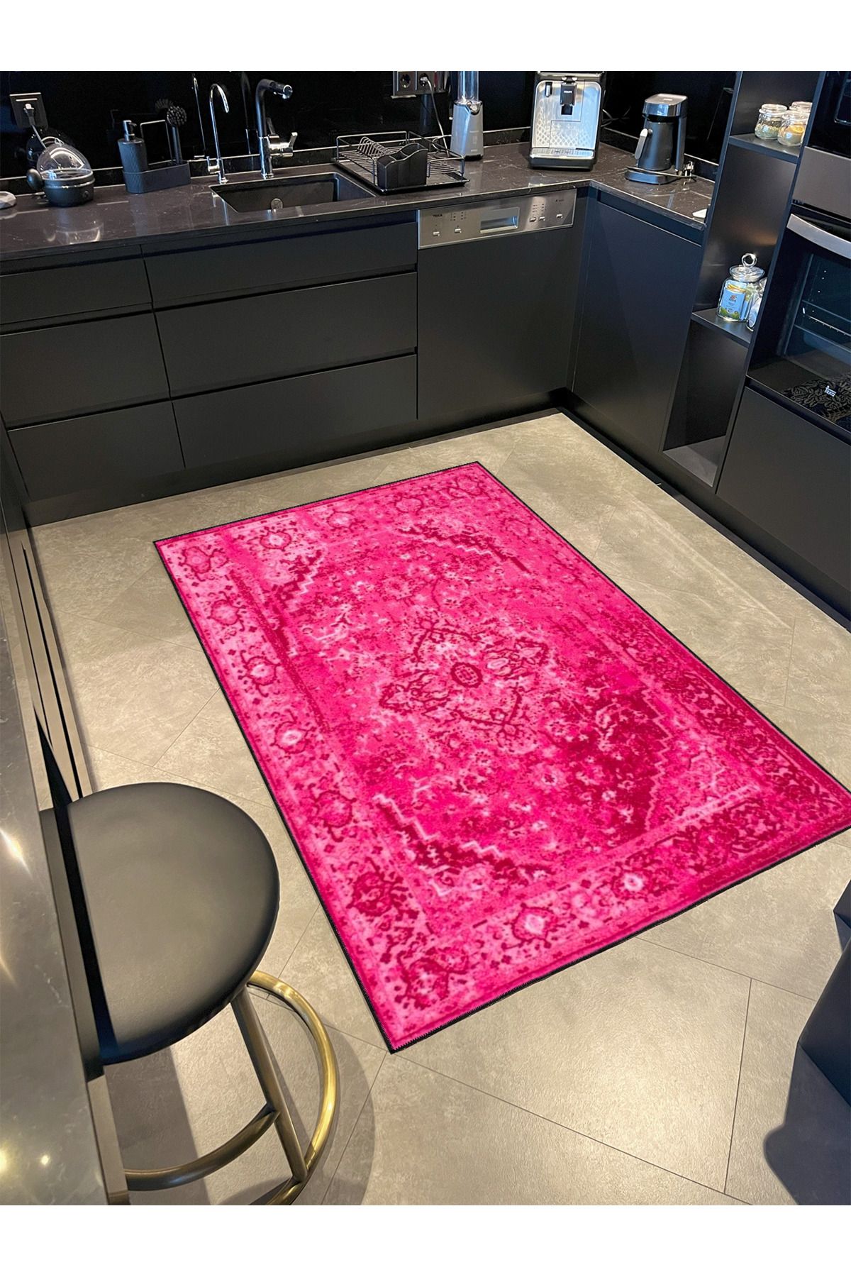 Pembe Geleneksel Çiçekli Bordürlü Temalı Desenli Dokuma Taban Halı ve Yıkanabilir Halı aloha192