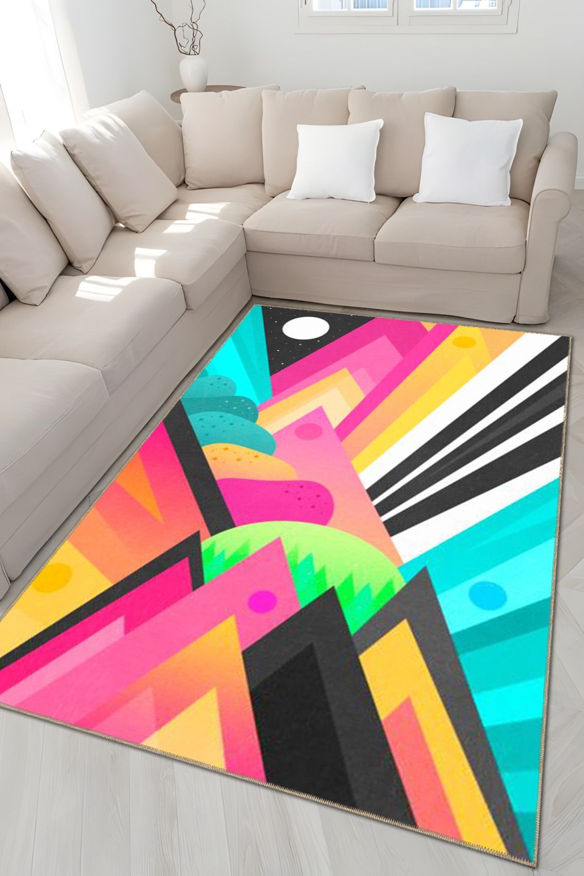 Çok Renkli Soyut Uzay Tasarım Geometrik Desenli Modern Dekoratif Halı 4970