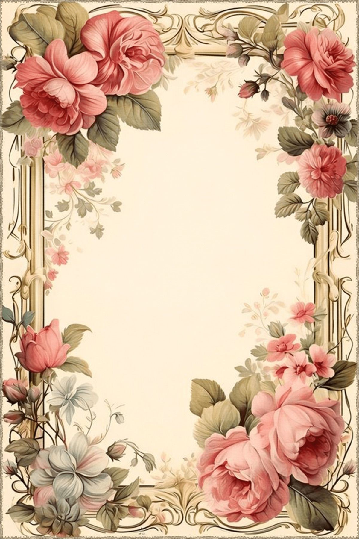 Bej Temalı Yaprak ve Floral Çiçek Gül Desenli Modern Dekoratif Halı 3641