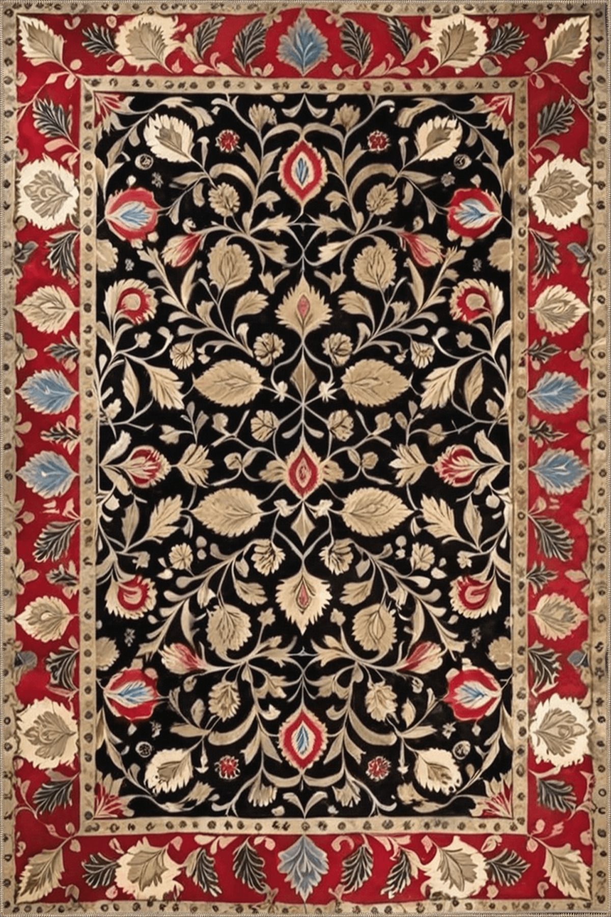 Paris Koleksiyonu Siyah Temalı Etnik Çiçek Motifleri Desenli Vintage Dekoratif Halı 61