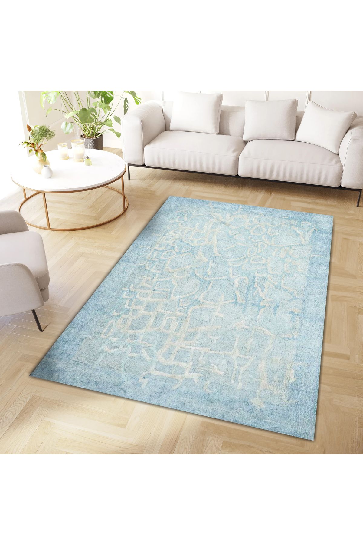 Aysu Koleksiyonu Çok Renkli Mavi Soyut Desenli Dokuma Taban Modern Dekoratif Halı aysu40