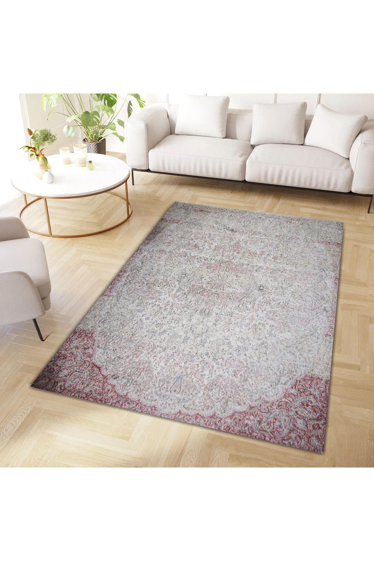 Mete Koleksiyonu Bej ve Kırmızı Temalı Geleneksel Motif ve Çiçek Desenli Vintage Dekoratif Halı 40