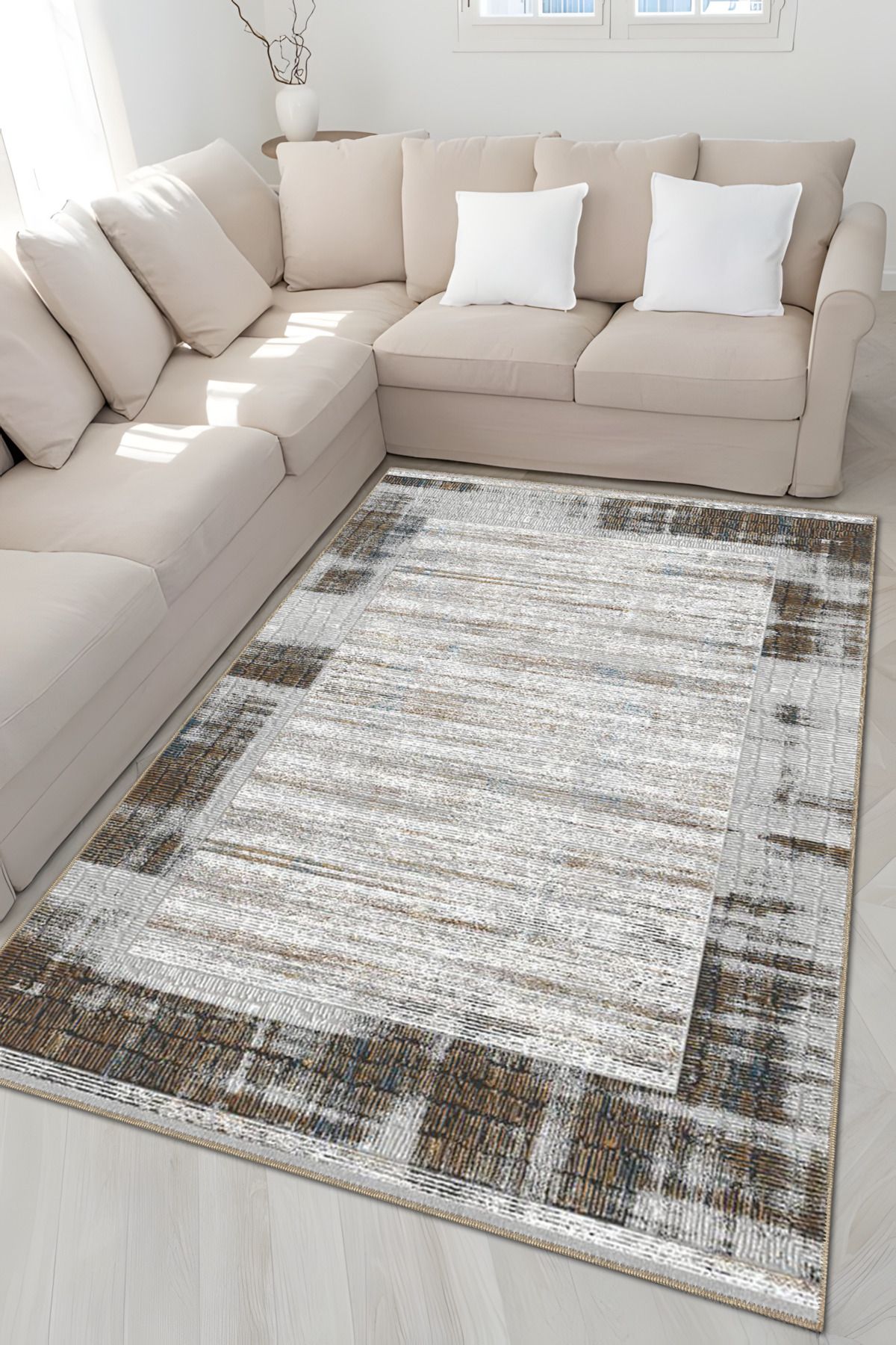 Bej Kahve Temalı Çizgili Soyut Desenli Modern Dekoratif Halı 4880