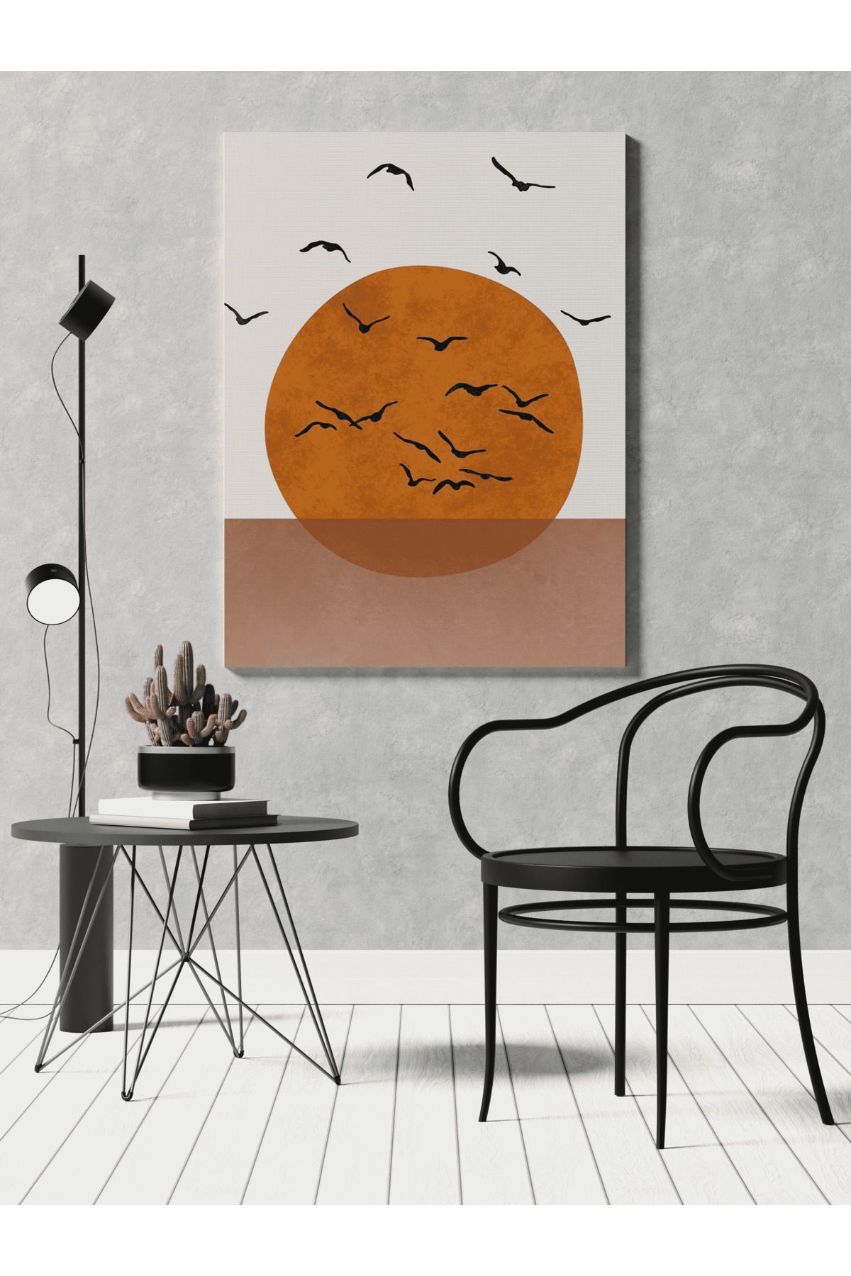 Kanvas Tablo Turuncu Bej Ton Soyut Güneş ve Kuş Desen