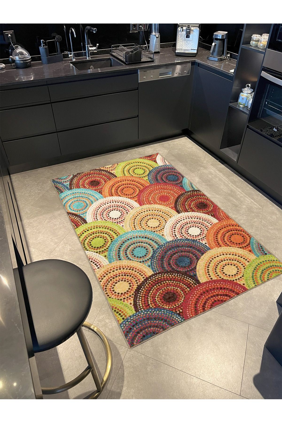 Multy Renklerinde Daire Geometrik Desenli Dekoratif Halı 4114