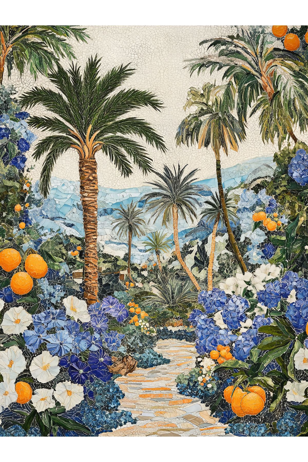 Paris Koleksiyonu Tropikal Desenli Mozaik Görünümlü Palmiye Detaylı Modern Dekoratif Halı paris34