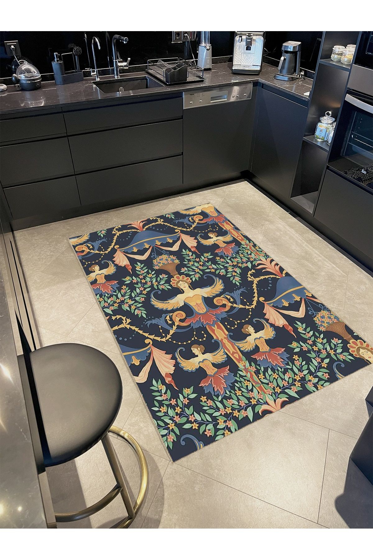 Tuğrul Koleksiyonu Çok Renkli Kuş Kadın Figürleri Desenli Dokuma Taban Modern Dekoratif Halı 33
