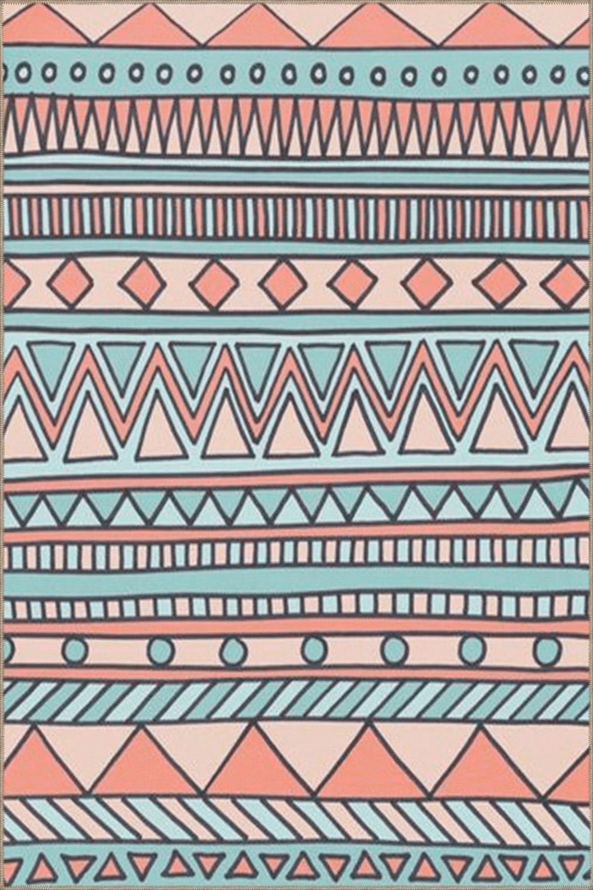 Bej Açık Mavi Temalı Karma Geometrik Desenli Modern Dekoratif Halı 4671