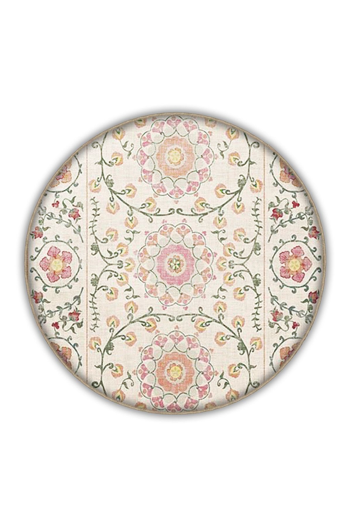 Bej Pembe Temalı Motifli Etnik Çiçek Desenli Saçaklı Vintage Dekoratif Halı 3278