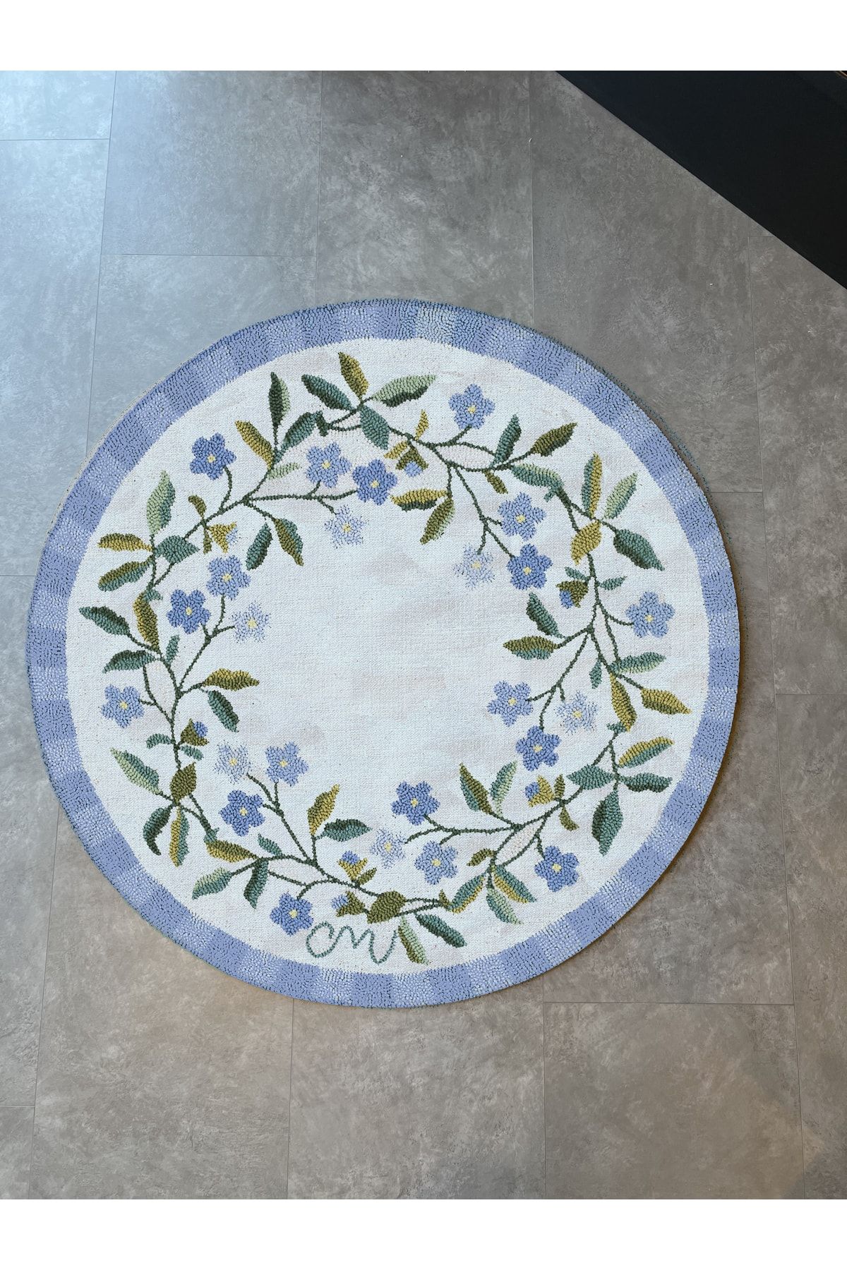 Mavi Beyaz Çiçekli Dokuma Taban Yuvarlak Halı Mira 1433