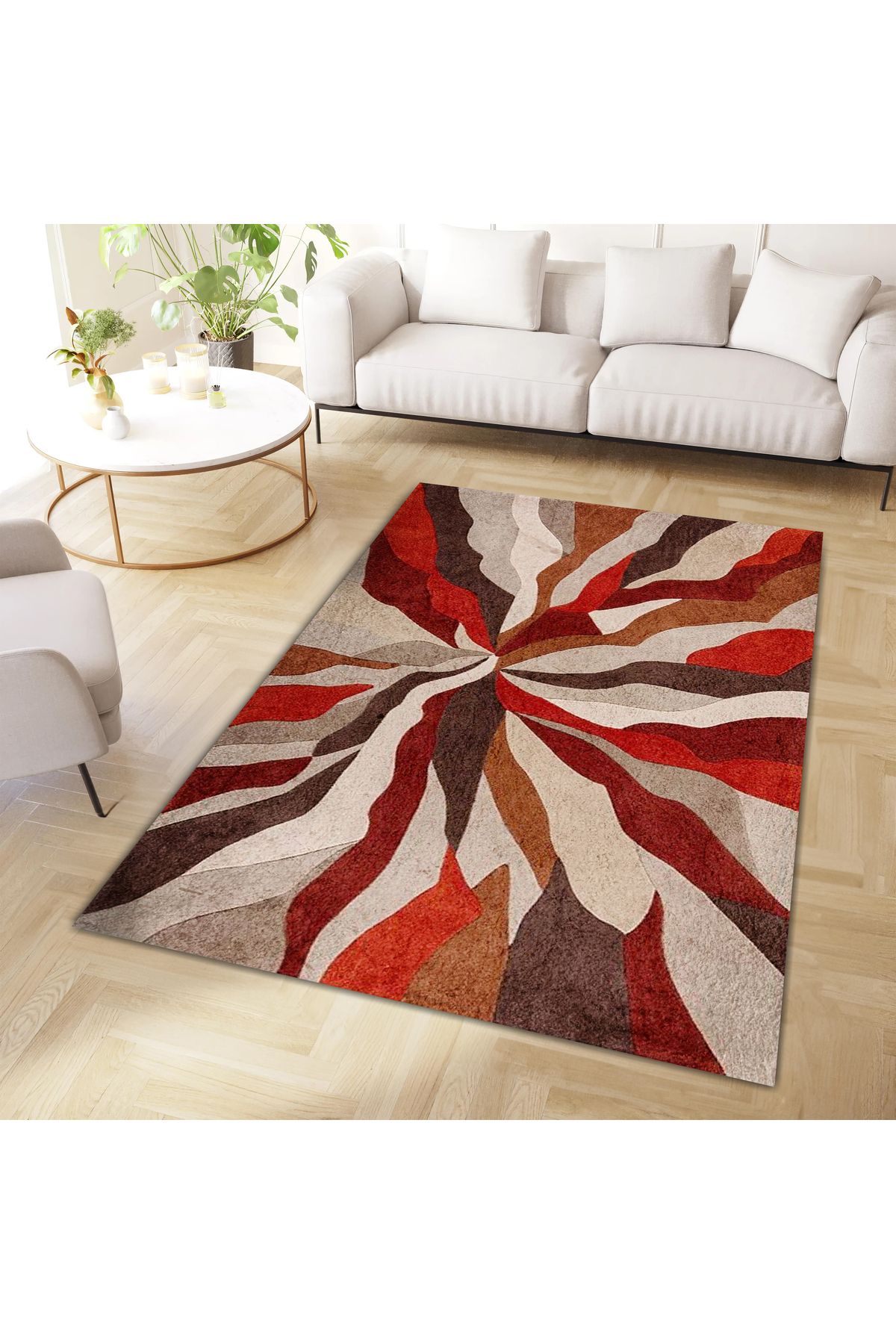 Kuzey Koleksiyonu Kırmızı Bej Soyut Desenli Dokuma Taban Dekoratif Halı kuzey07