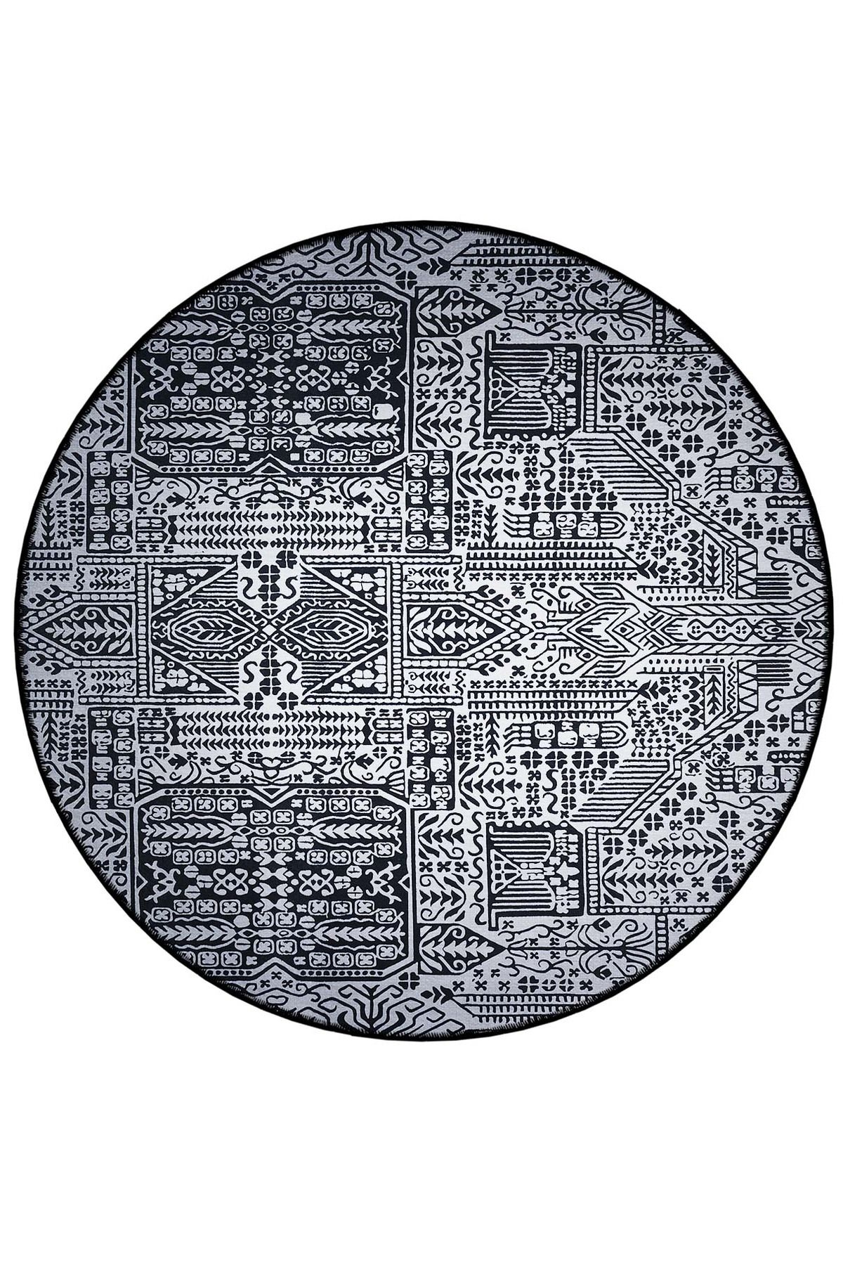 Mira Yuvarlak Siyah Beyaz Soyut Şekiller Detaylı Dokuma Taban Modern Dekoratif Halı mirayuvarlak5834