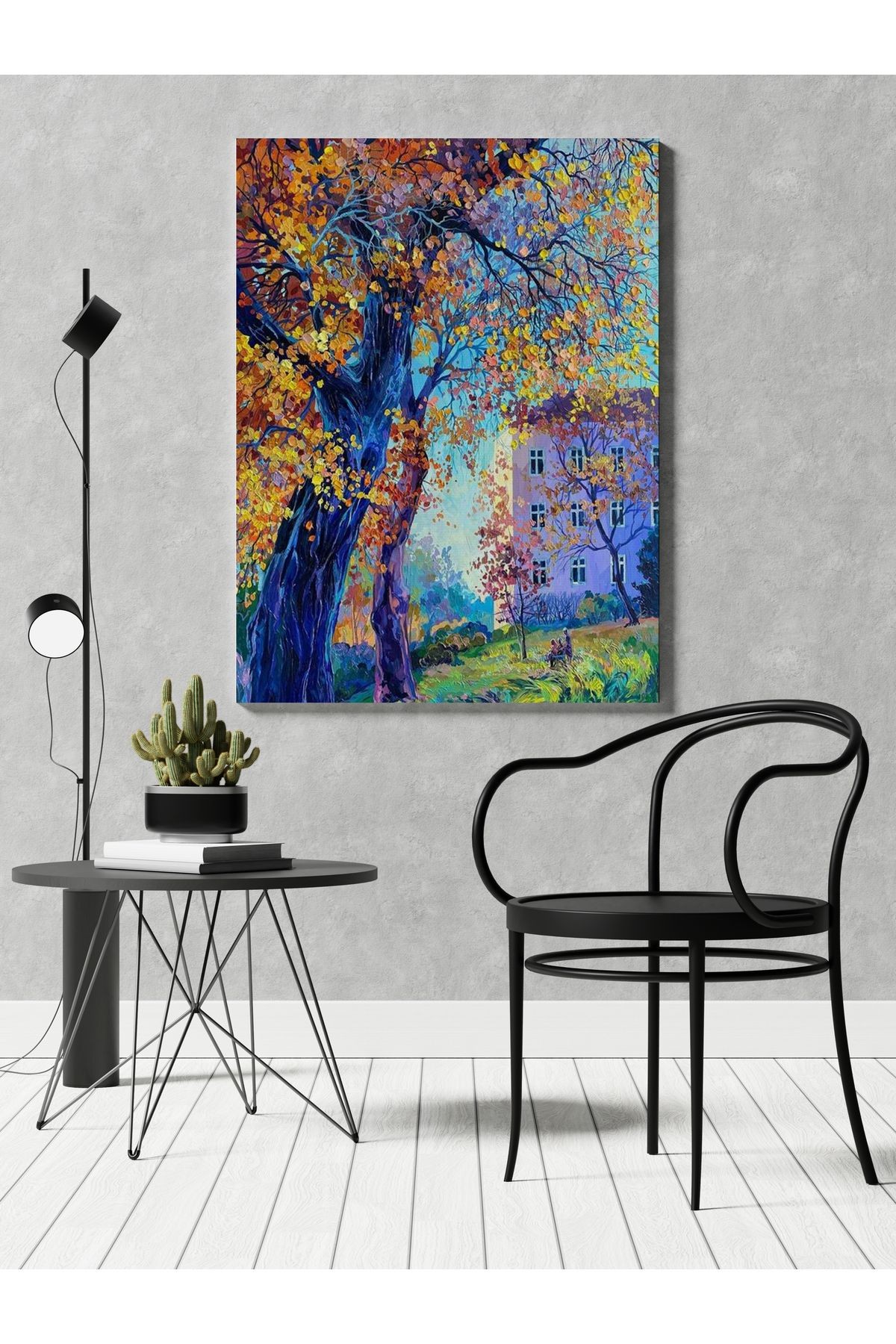 Kanvas Tablo Ev ve Blue Ağaç Desenli Modern Tablo