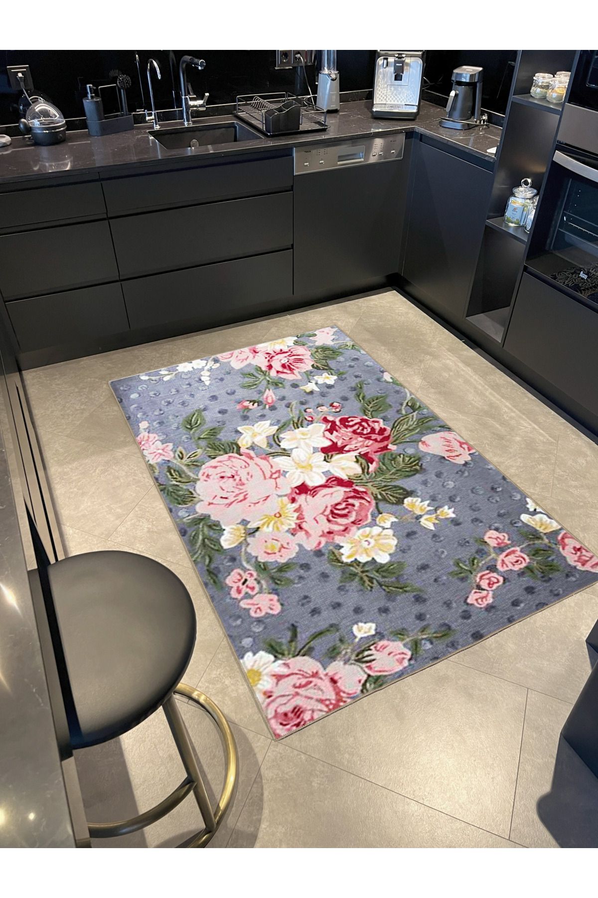 Çok Renkli Pembe Gül Desenli Modern Dekoratif Halı 3346