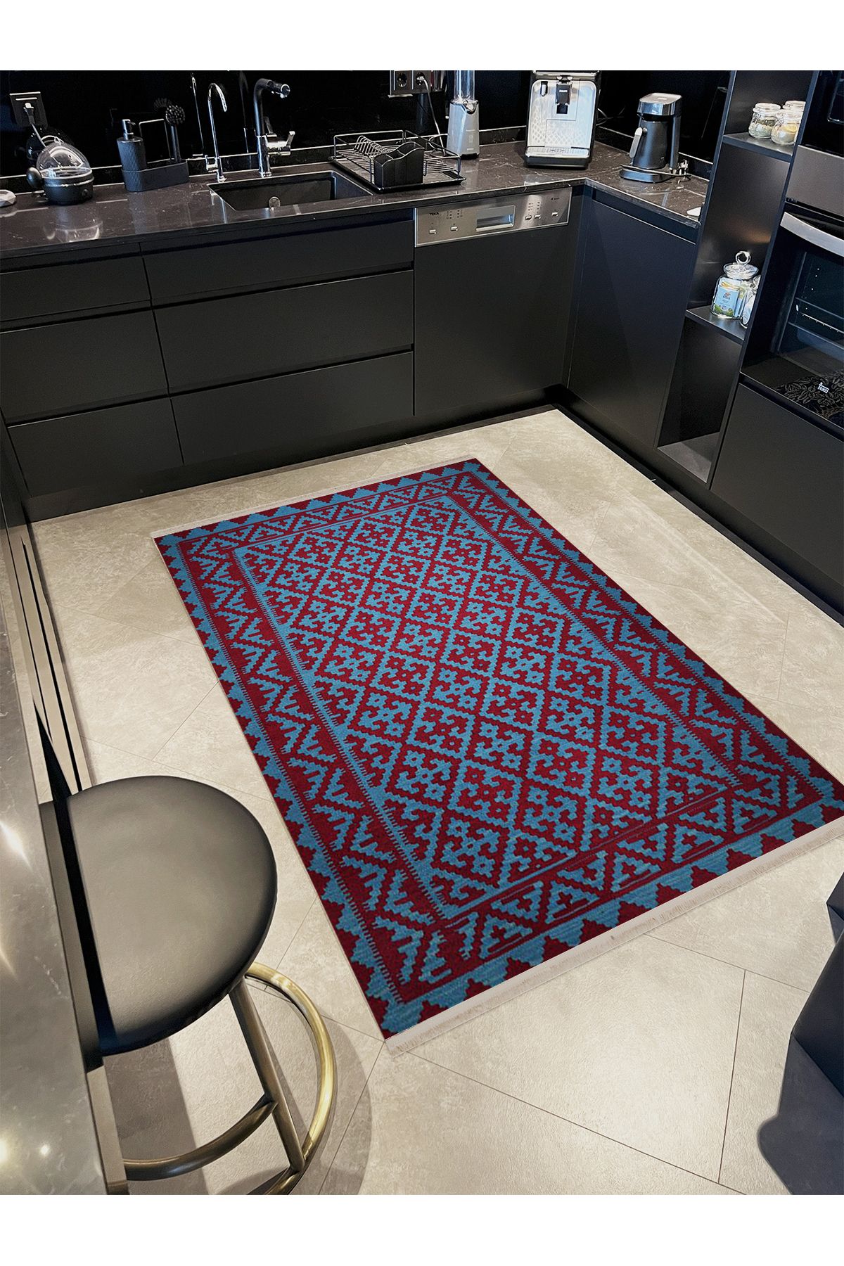 Maya Koleksiyonu Mavi Bordo Etnik Desenli Dokuma Taban Modern Dekoratif Halı maya25