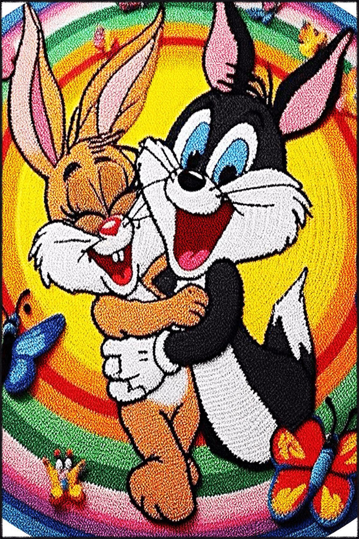 Çizgi Karakter Tema Çok Renkli Tavşan Bugs Bunny Desenli Kreatif Modern Dekoratif Halı 5101