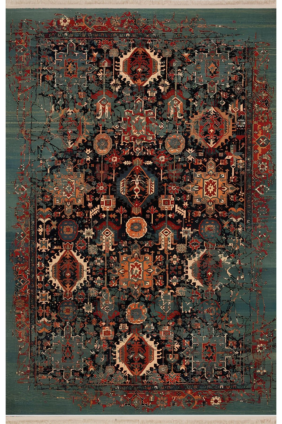 Çok Renkli Geleneksel Motif Soyut Desenli Vintage Dekoratif Halı 1662