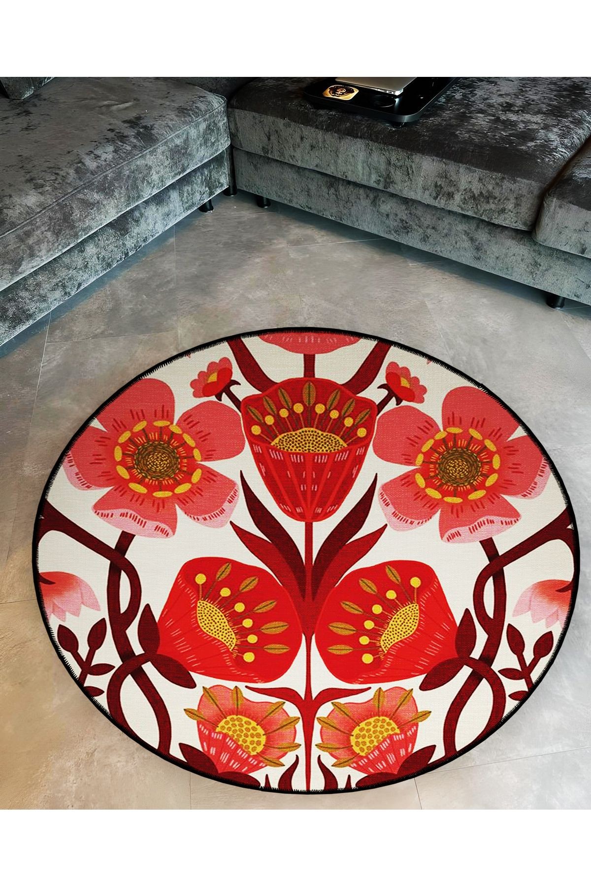 Kırmızı Temalı Çiçek Gül Desenli Yuvarlak Dokuma Taban Modern Dekoratif Halı 6139