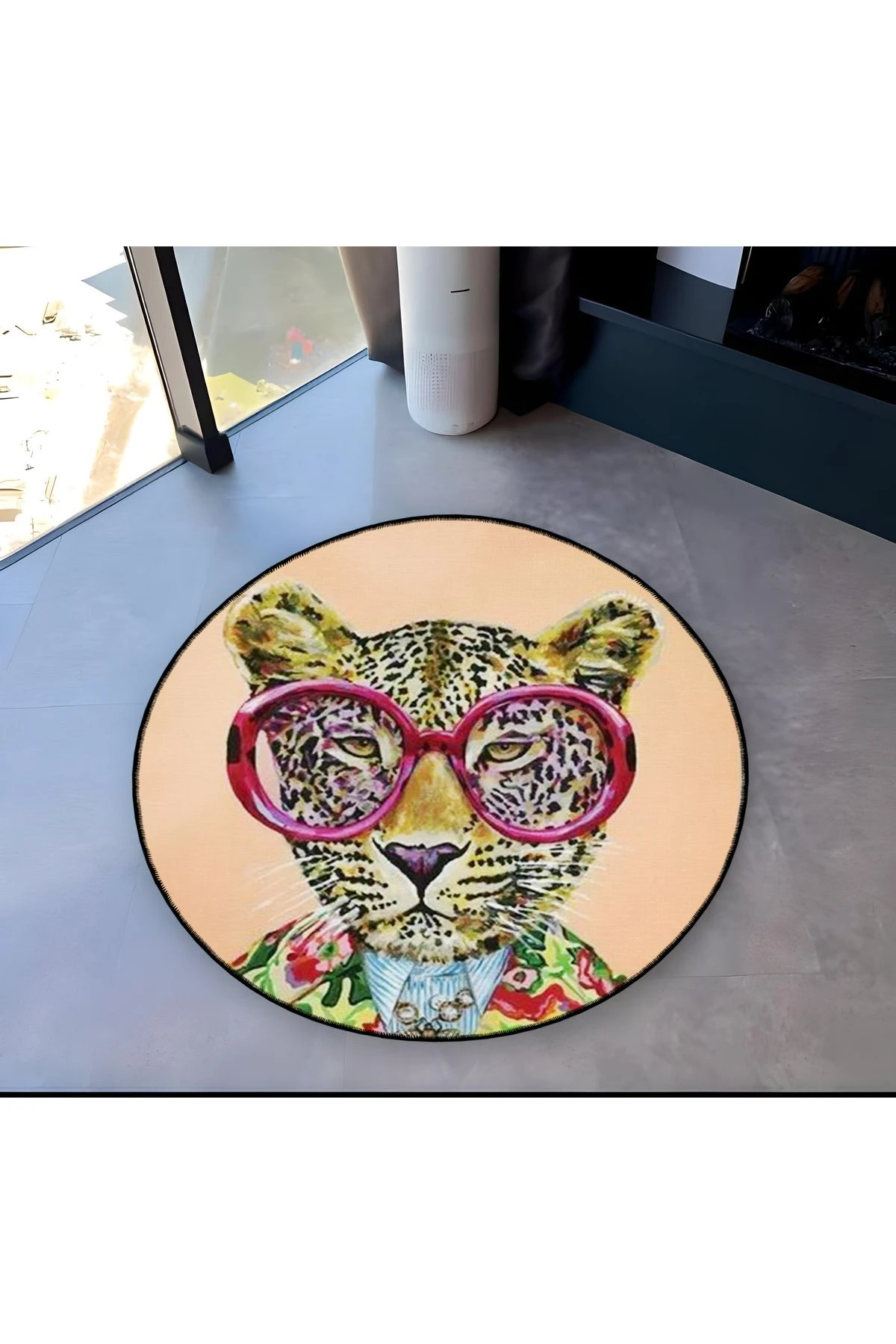 Mira Yuvarlak Pembe Gözlüklü Kaplan Detaylı Dokuma Taban Modern Dekoratif Halı 5539