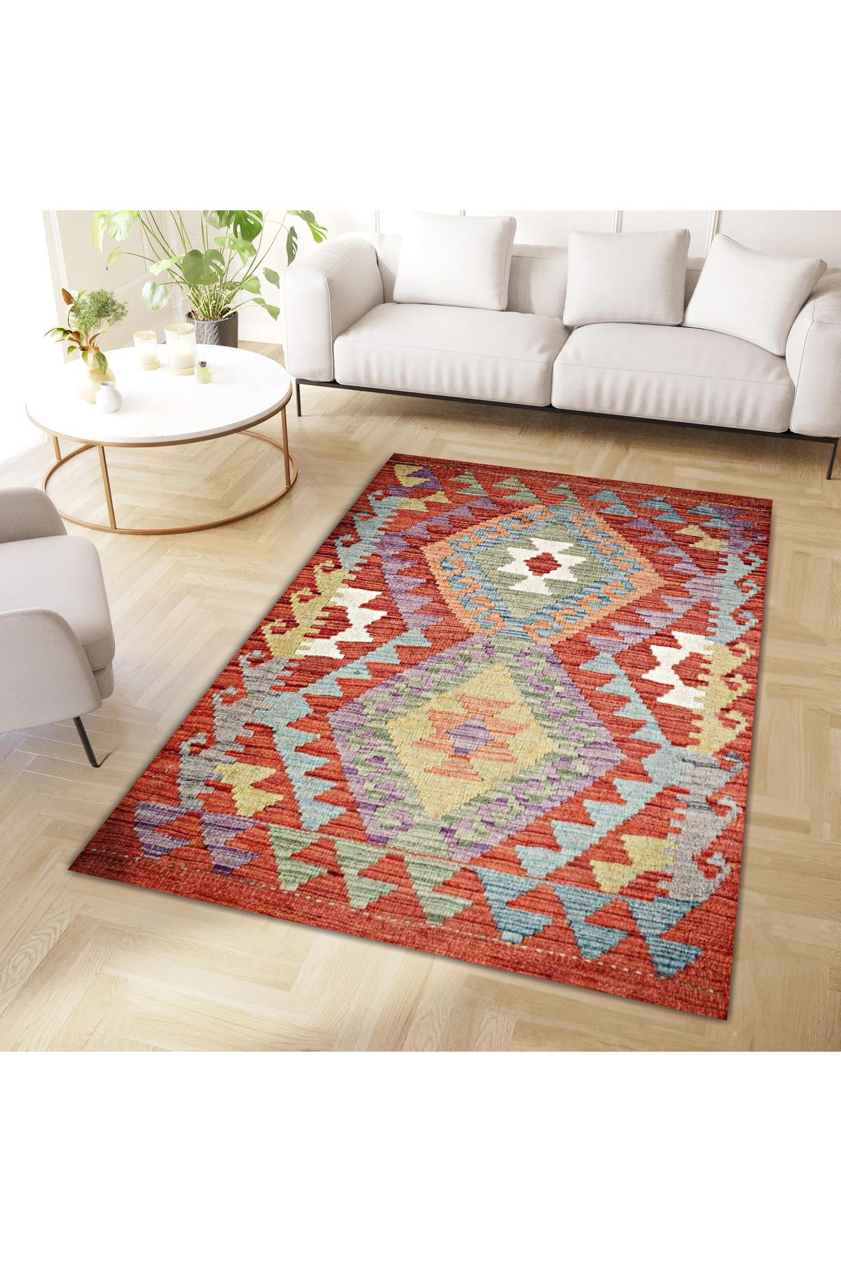 Asena Koleksiyonu Çok Renkli Geometrik Şekiller Desenli Vintage Dekoratif Halı 17