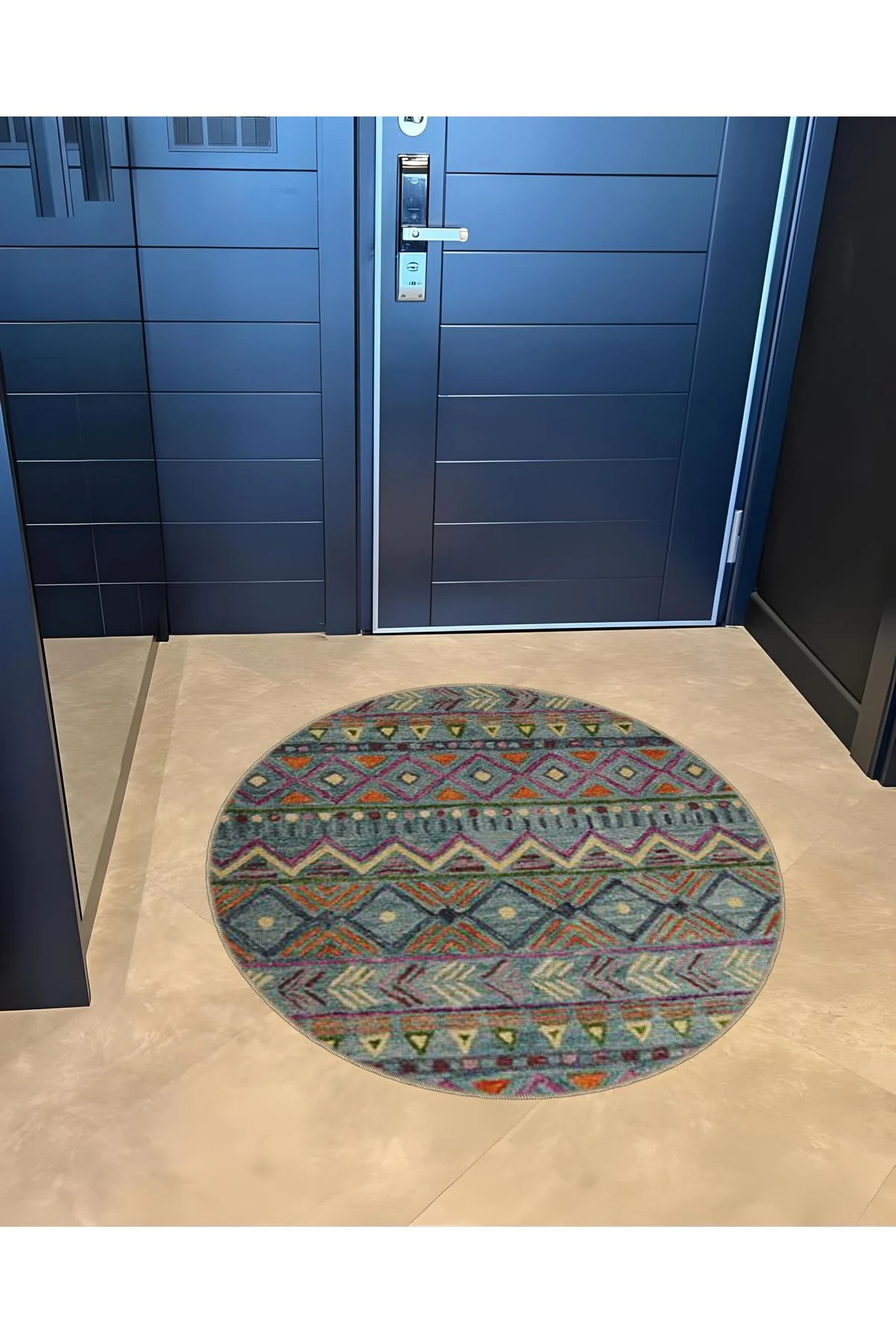 Çok Renkli Karma Etnik Motif Desenli Yuvarlak Dokuma Taban Modern Dekoratif Halı 6057