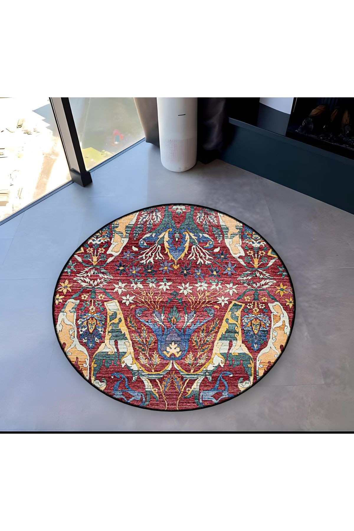 Bordo Tema Çiçekli Geleneksel Desenli Yuvarlak Dokuma Taban Vintage Dekoratif Halı 6106