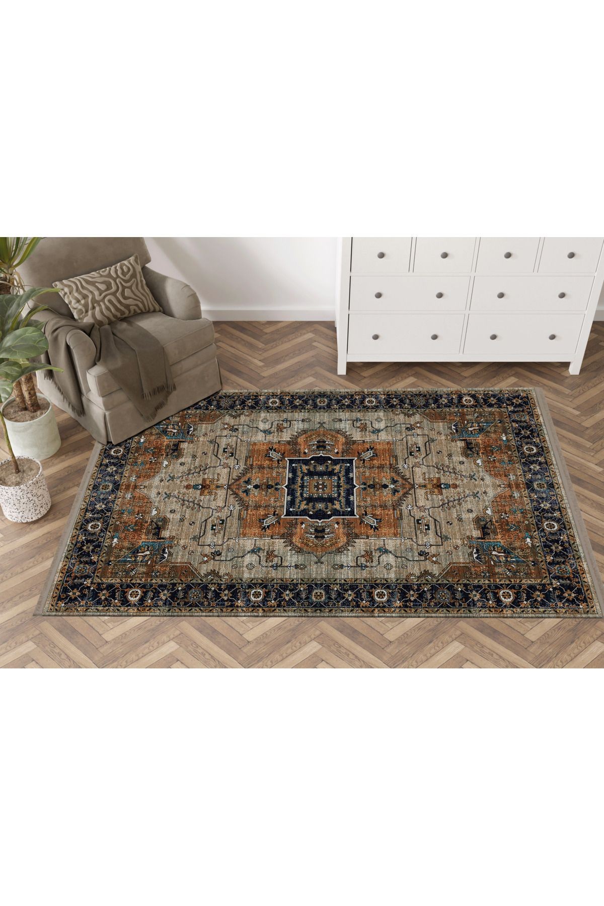 Mira Turuncu Bej Temalı Çok Renkli Geleneksel Motif Etnik Desenli Vintage Dekoratif Halı Mira 1588