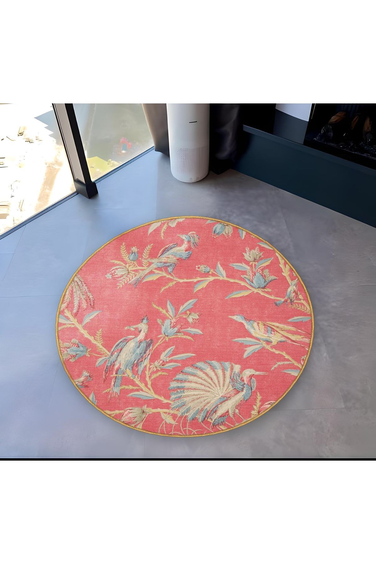 Pembe Temalı Ağaç Dalı ve Kuş Desenli Yuvarlak Dokuma Taban Modern Dekoratif Halı 6095