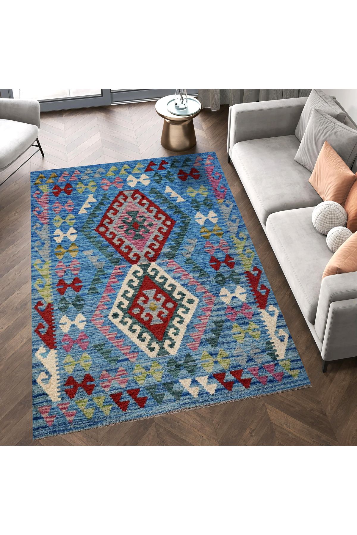 Asena Koleksiyonu Mavi Temalı Geometrik Şekiller Desenli Vintage Dekoratif Halı 09