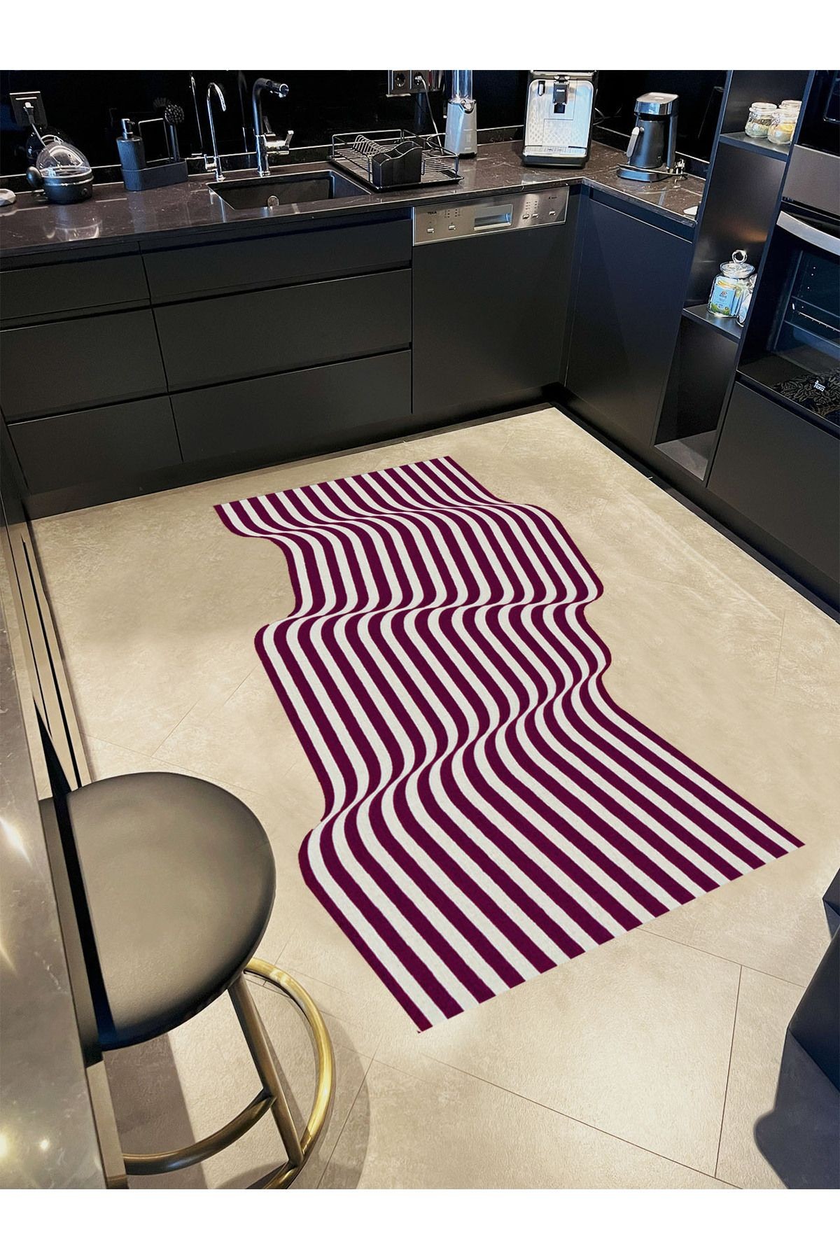 Rio Koleksiyonu Bordo Beyaz Dalgalı Desen Asimetrik Detay Dokuma Taban Modern Dekoratif Halı rio08-B