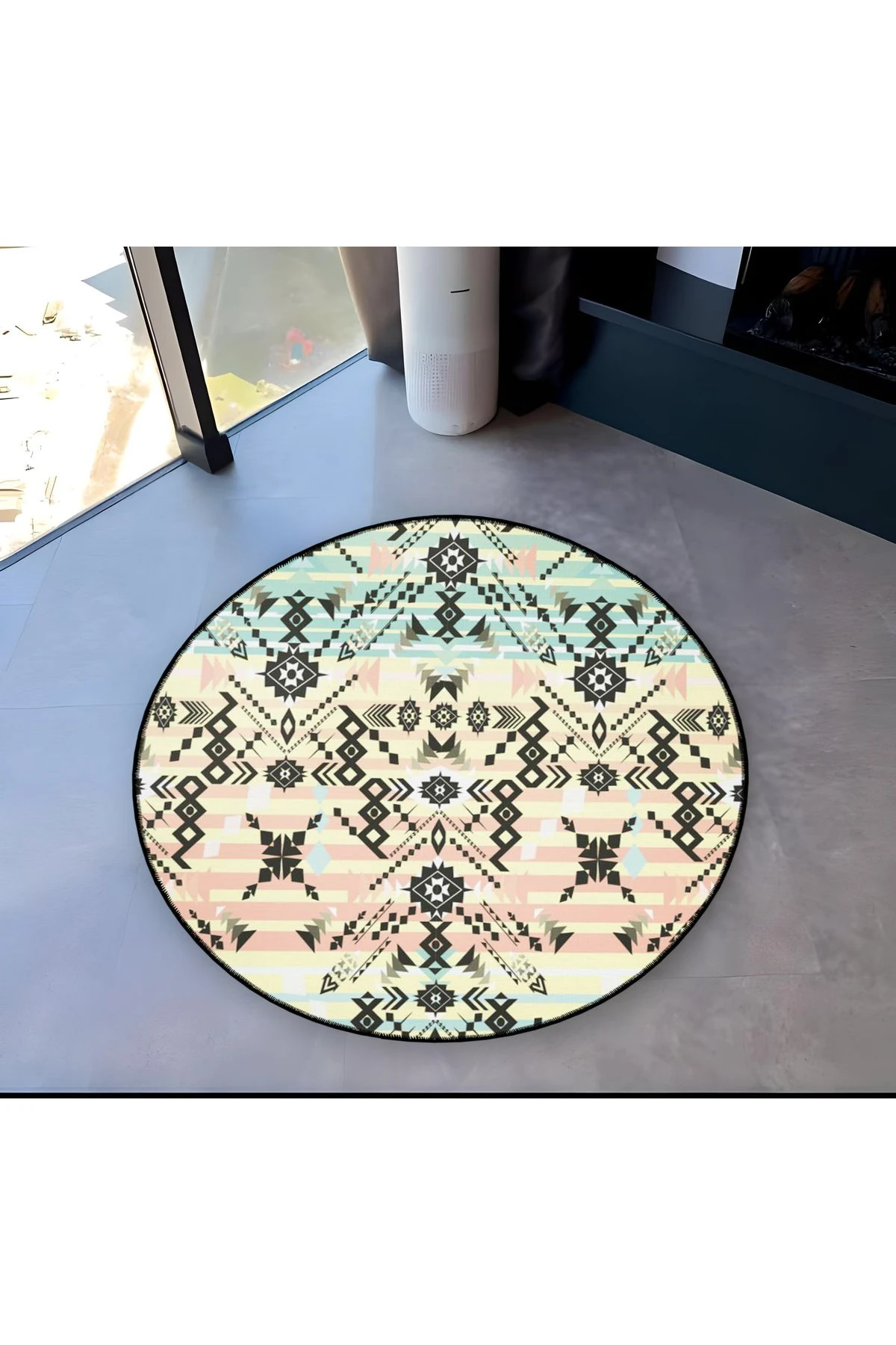 Mira Yuvarlak Çok Renkli Siyah Etnik Desen Detaylı Dokuma Taban Modern Dekoratif Halı 5603