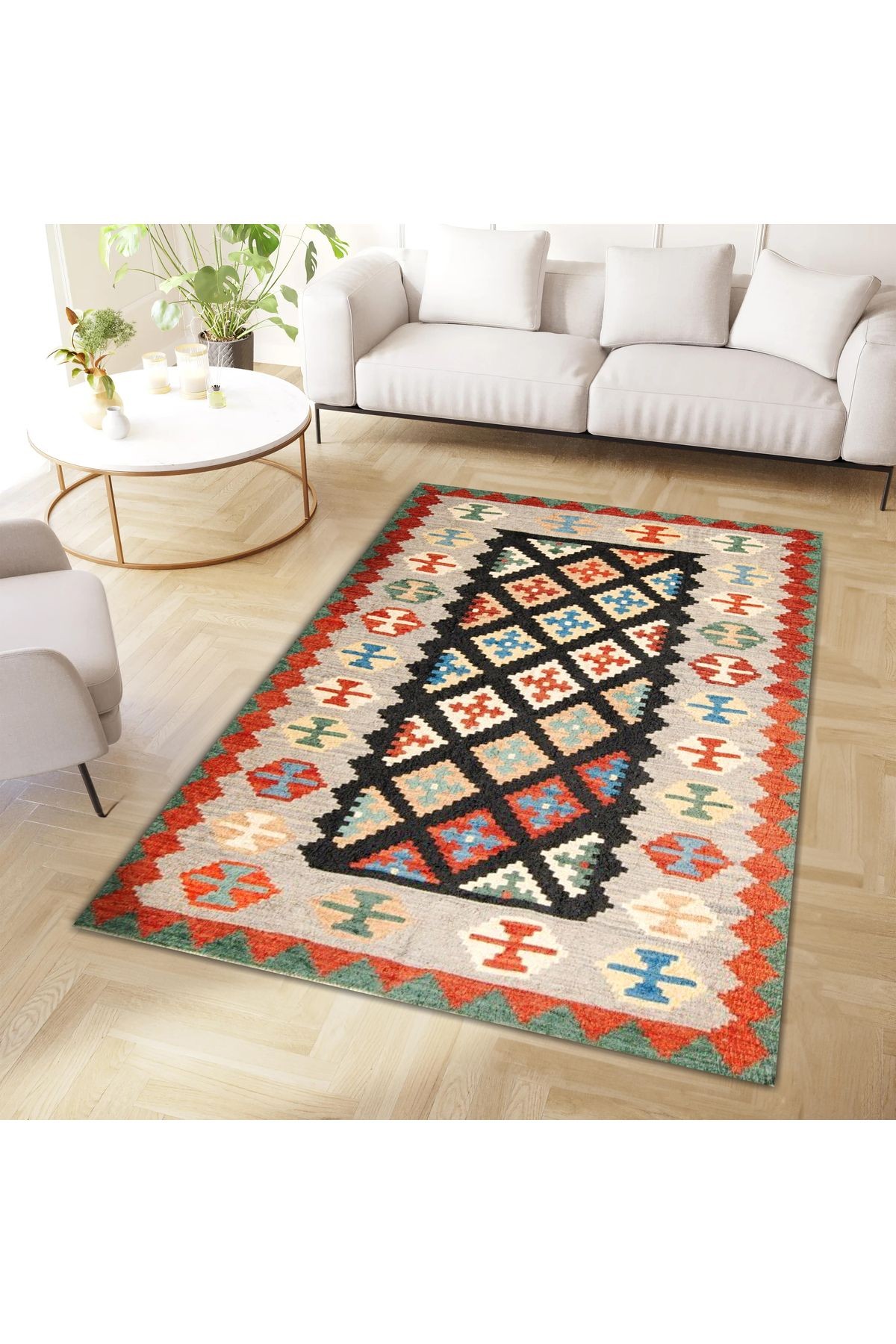 Aysu Koleksiyonu Siyah Detaylı Çok Renkli Etnik Desenli Dokuma Taban Modern Dekoratif Halı aysu30
