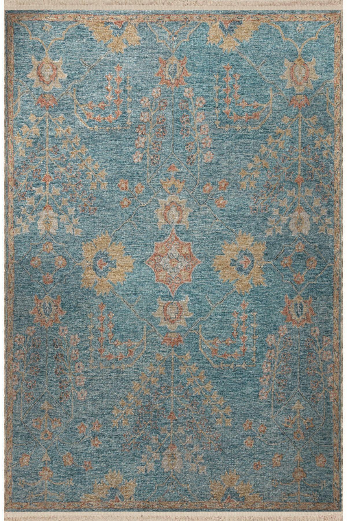 Mavi Temalı Geleneksel Motif Çiçek Desenli Saçaklı Vintage Dekoratif Halı 3142