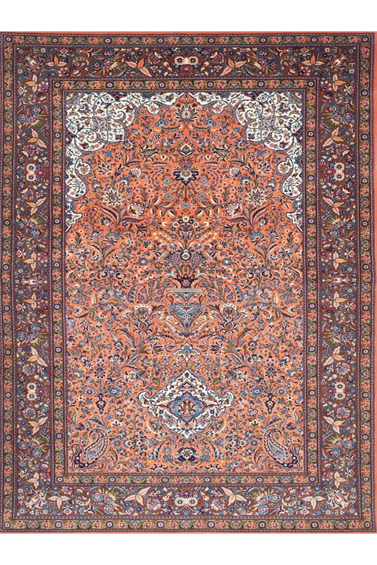 Cansu Koleksiyonu Turuncu Tonlarda Antik Desenli Dokuma Taban Modern Dekoratif Halı cansu18